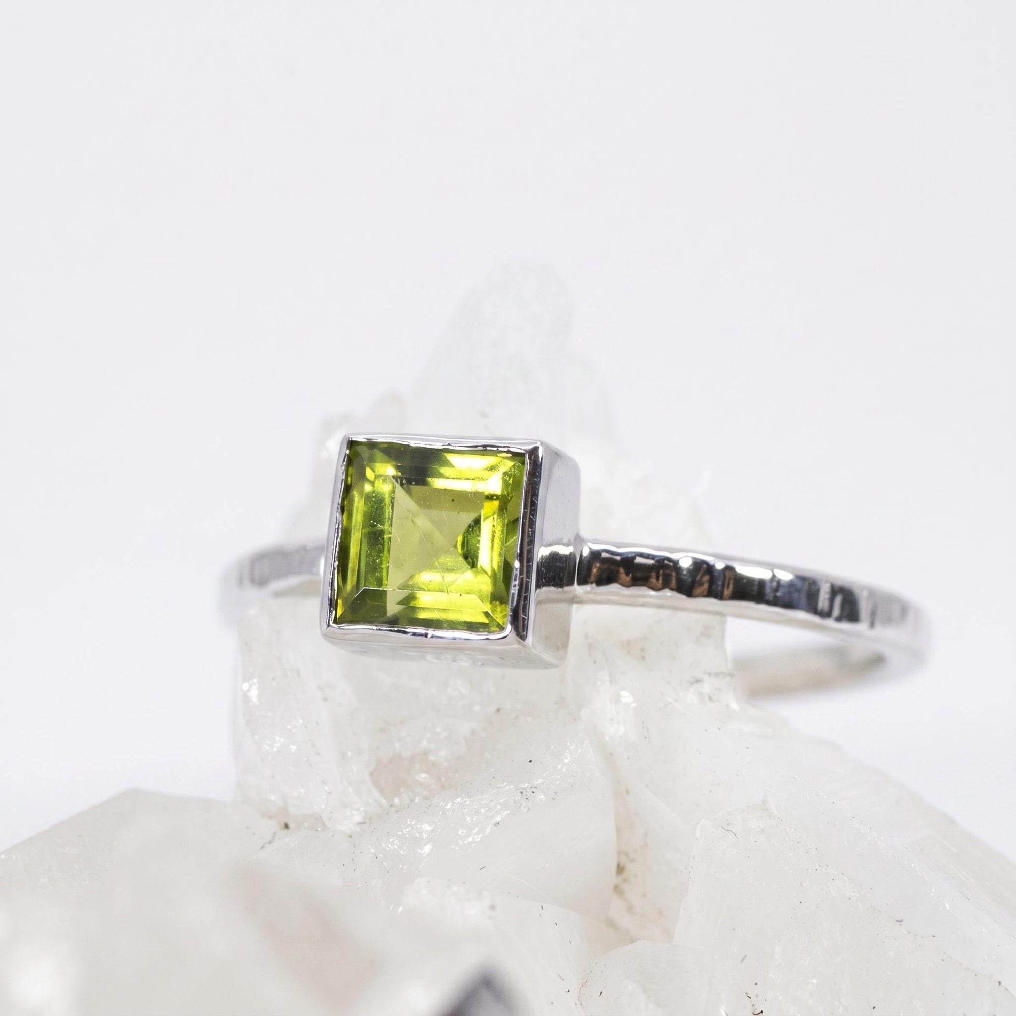Princess Cut (Square) Peridot Ring 14k White Gold Bezel Setting - Melt'm Jewelry