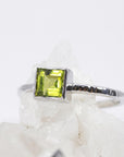Princess Cut (Square) Peridot Ring 14k White Gold Bezel Setting - Melt'm Jewelry