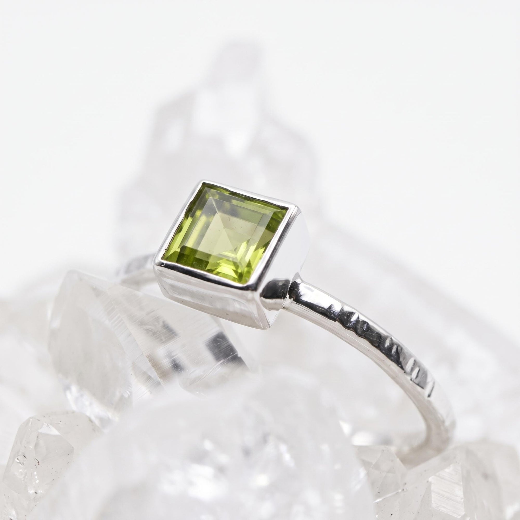 Princess Cut (Square) Peridot Ring 14k White Gold Bezel Setting - Melt'm Jewelry
