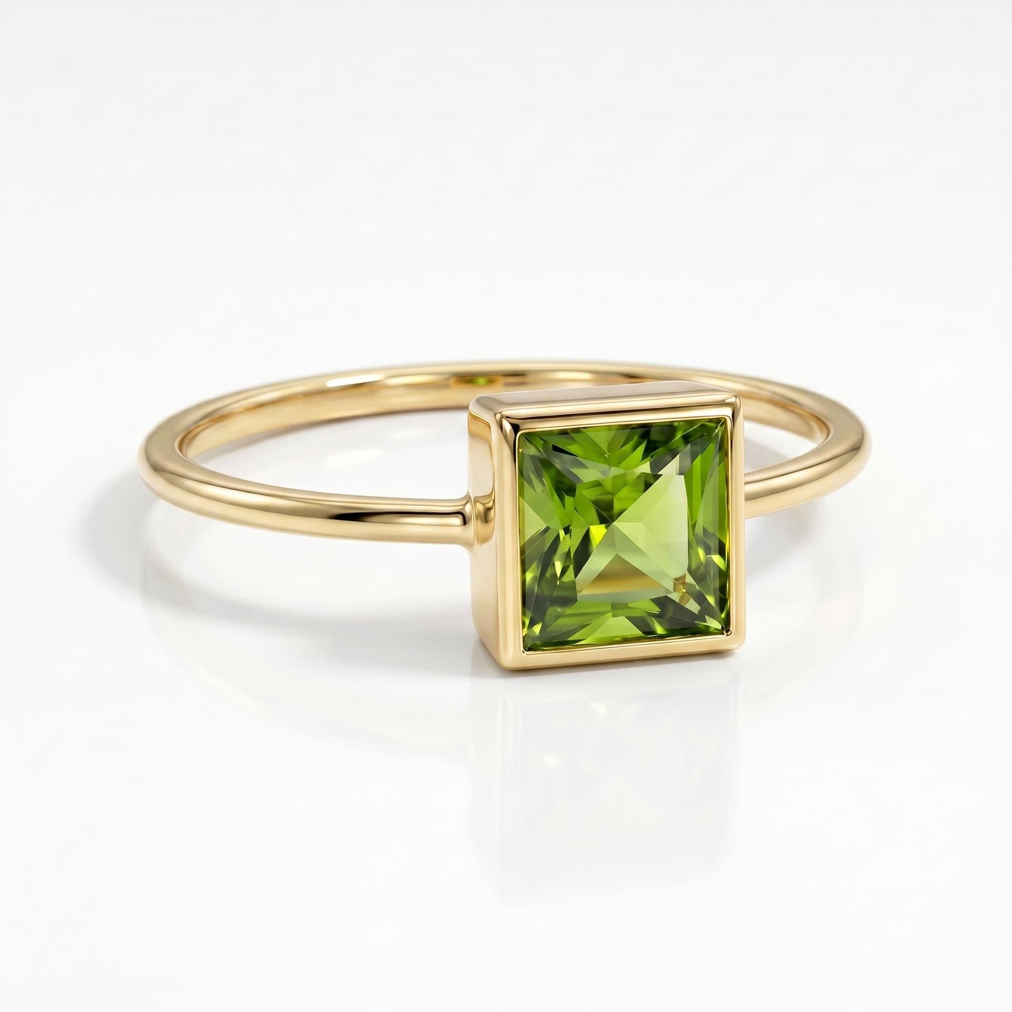 Princess Cut (Square) Peridot Ring 14k White Gold Bezel Setting - Melt'm Jewelry