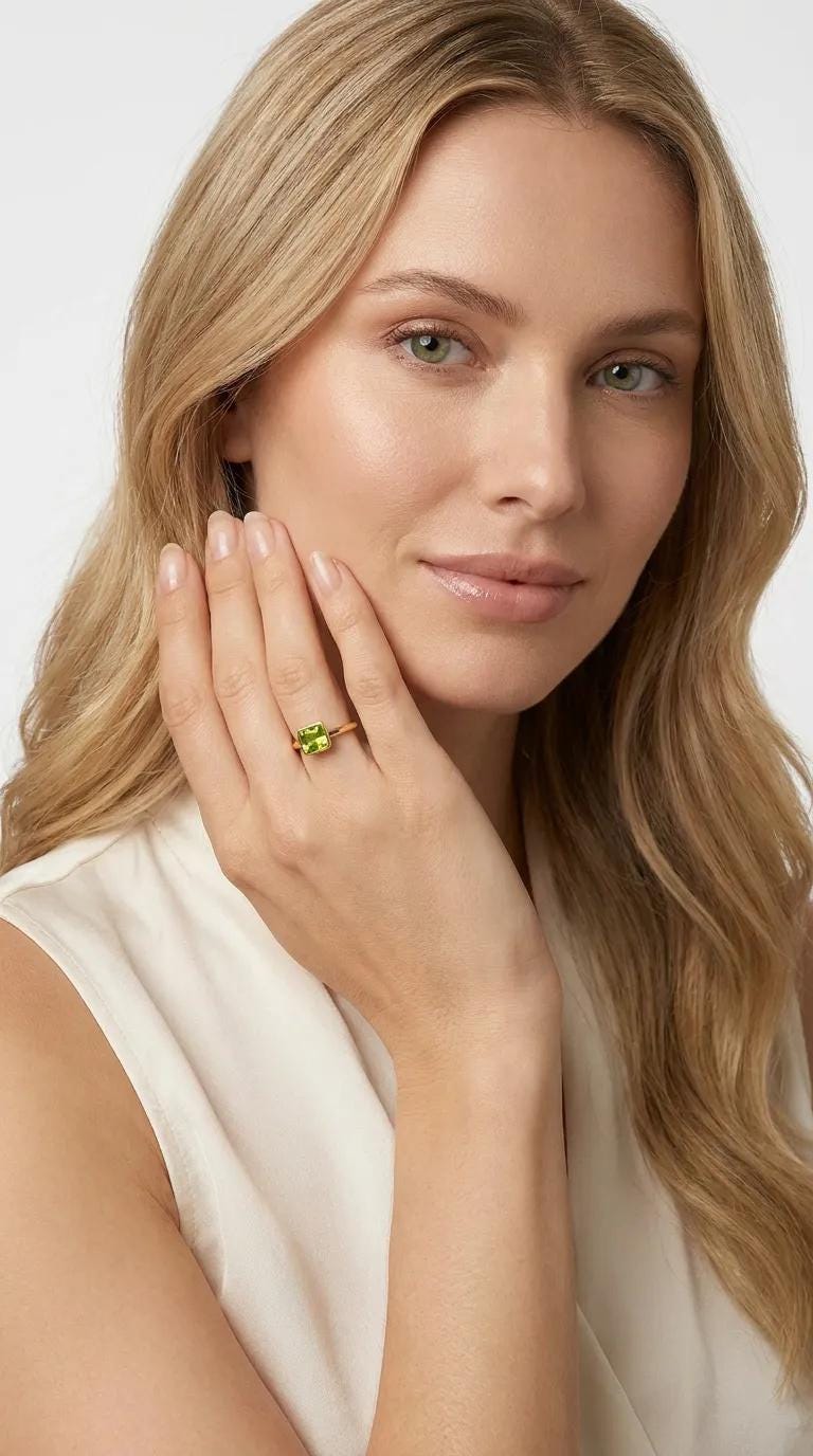 Princess Cut (Square) Peridot Ring 14k White Gold Bezel Setting - Melt'm Jewelry