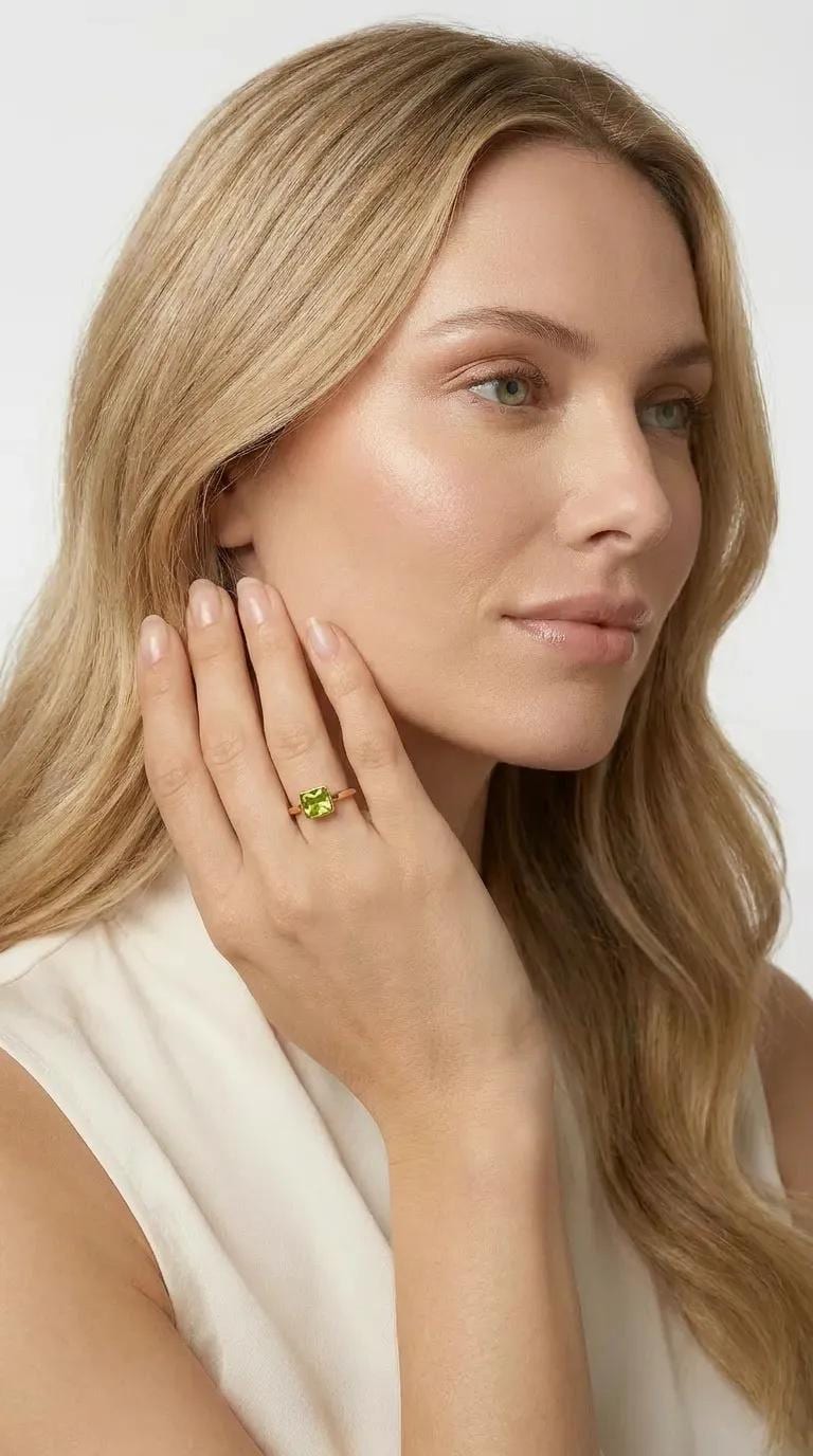 Princess Cut (Square) Peridot Ring 14k White Gold Bezel Setting - Melt'm Jewelry