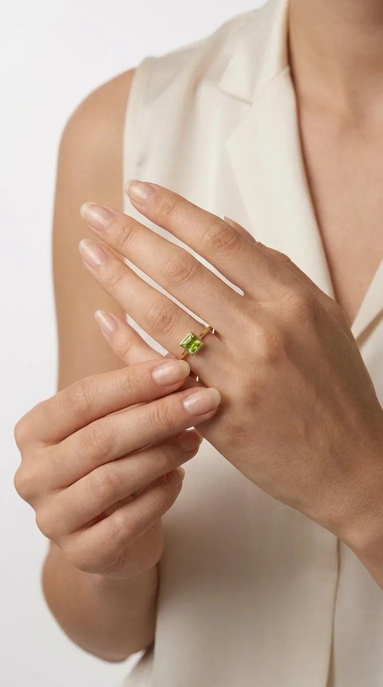 Princess Cut (Square) Peridot Ring 14k White Gold Bezel Setting - Melt'm Jewelry