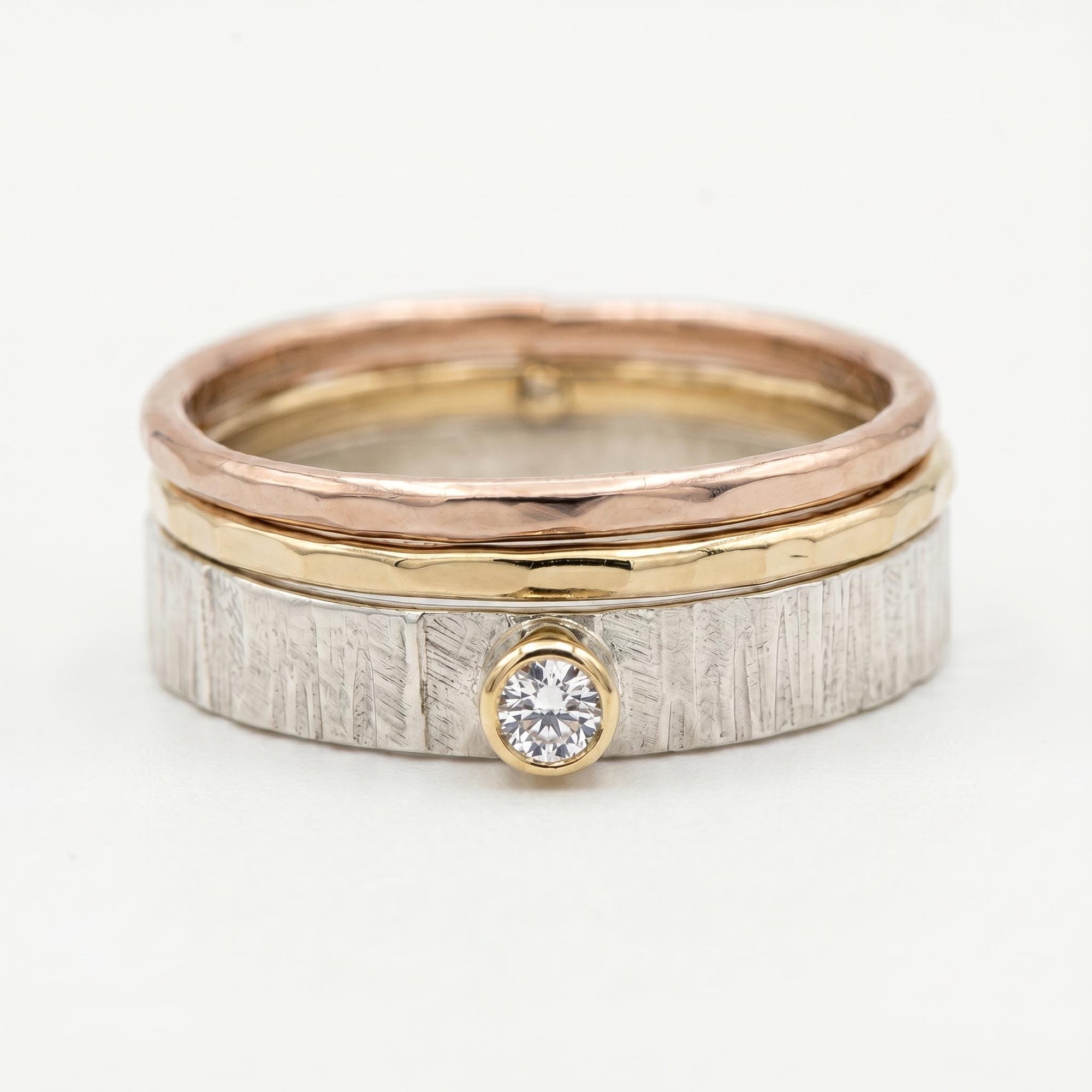 Silver, Gold and Rose Gold Set of 3 Ring with Diamond