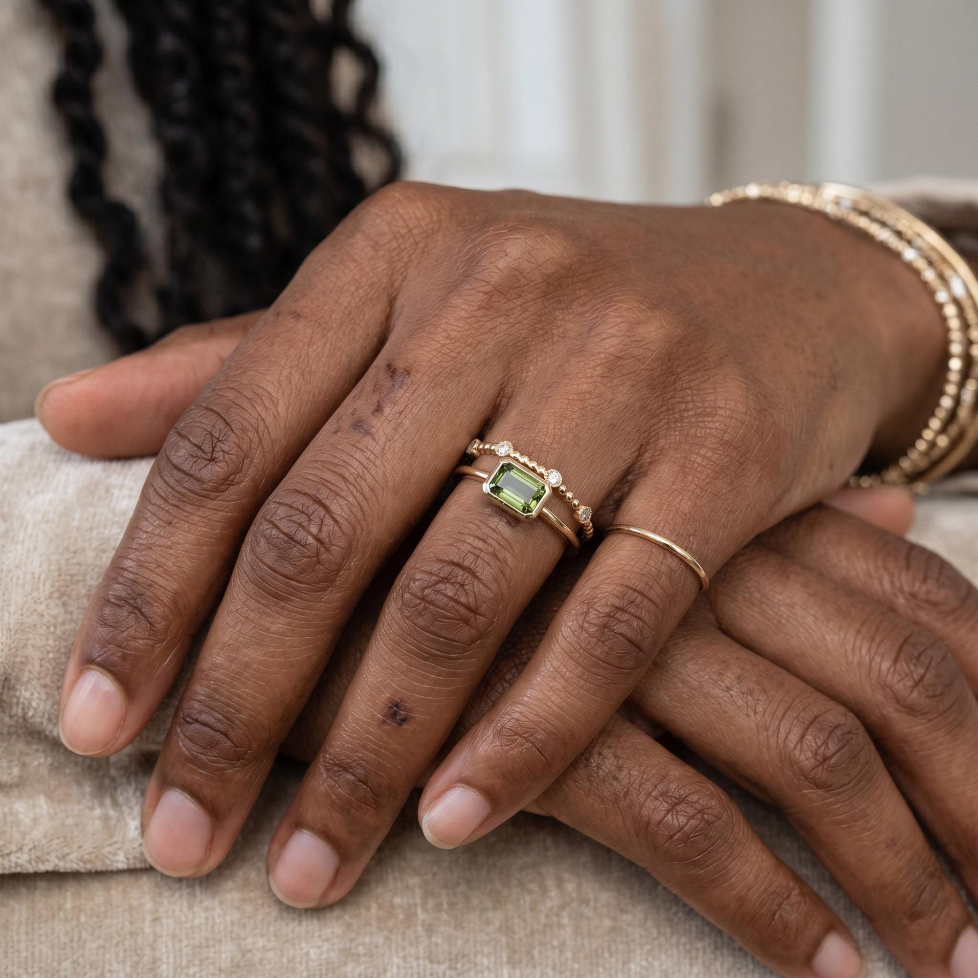 Emerald Cut Bezel Set Green Tourmaline Ring in 14k Gold - Melt'm Jewelry