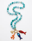 Amazonite Charm Holder Necklace, 16 Inch Hand Knotted Silk Choker, Gold Filled Turquoise Blue Gemstone Bead Necklace with Removable Charms