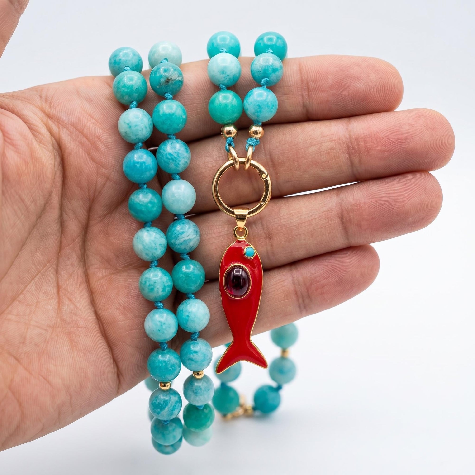 Amazonite Charm Holder Necklace, 16 Inch Hand Knotted Silk Choker, Gold Filled Turquoise Blue Gemstone Bead Necklace with Removable Charms