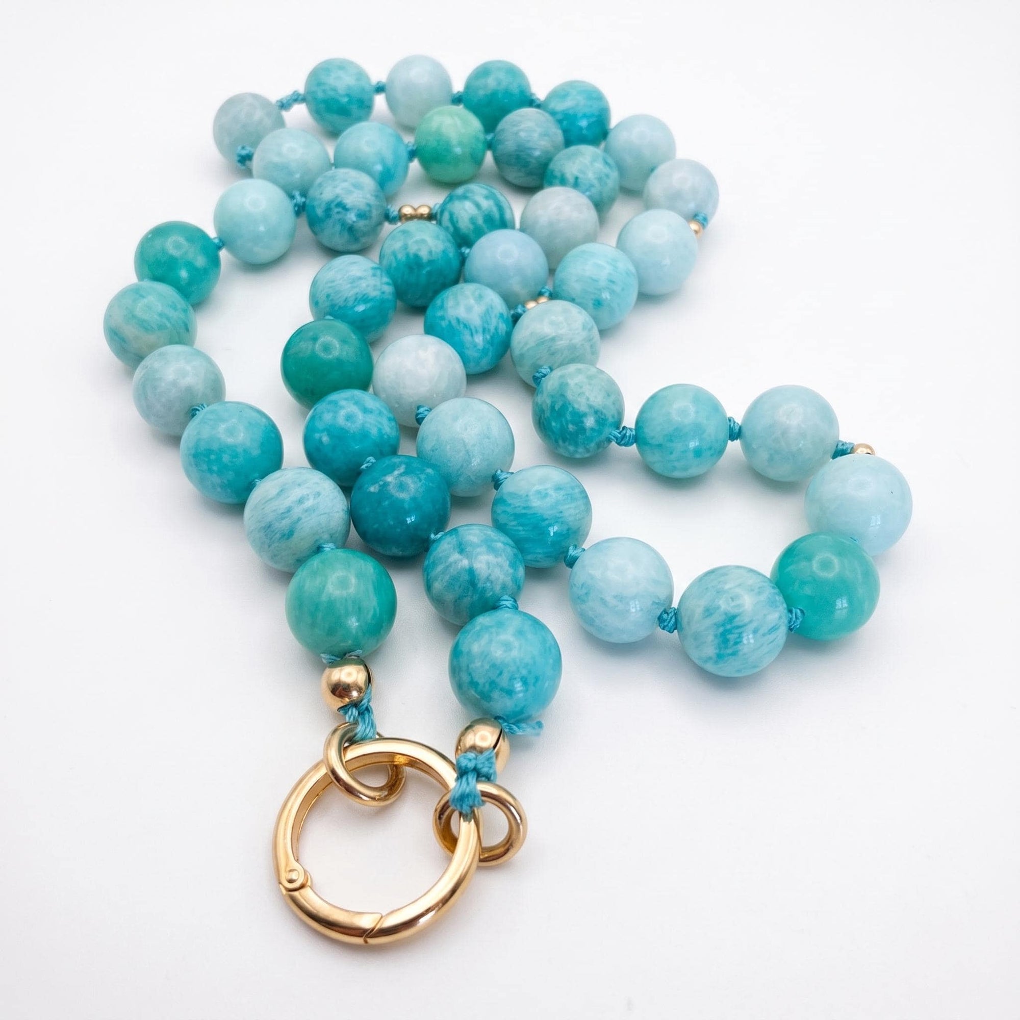 Amazonite Charm Holder Necklace, 16 Inch Hand Knotted Silk Choker, Gold Filled Turquoise Blue Gemstone Bead Necklace with Removable Charms