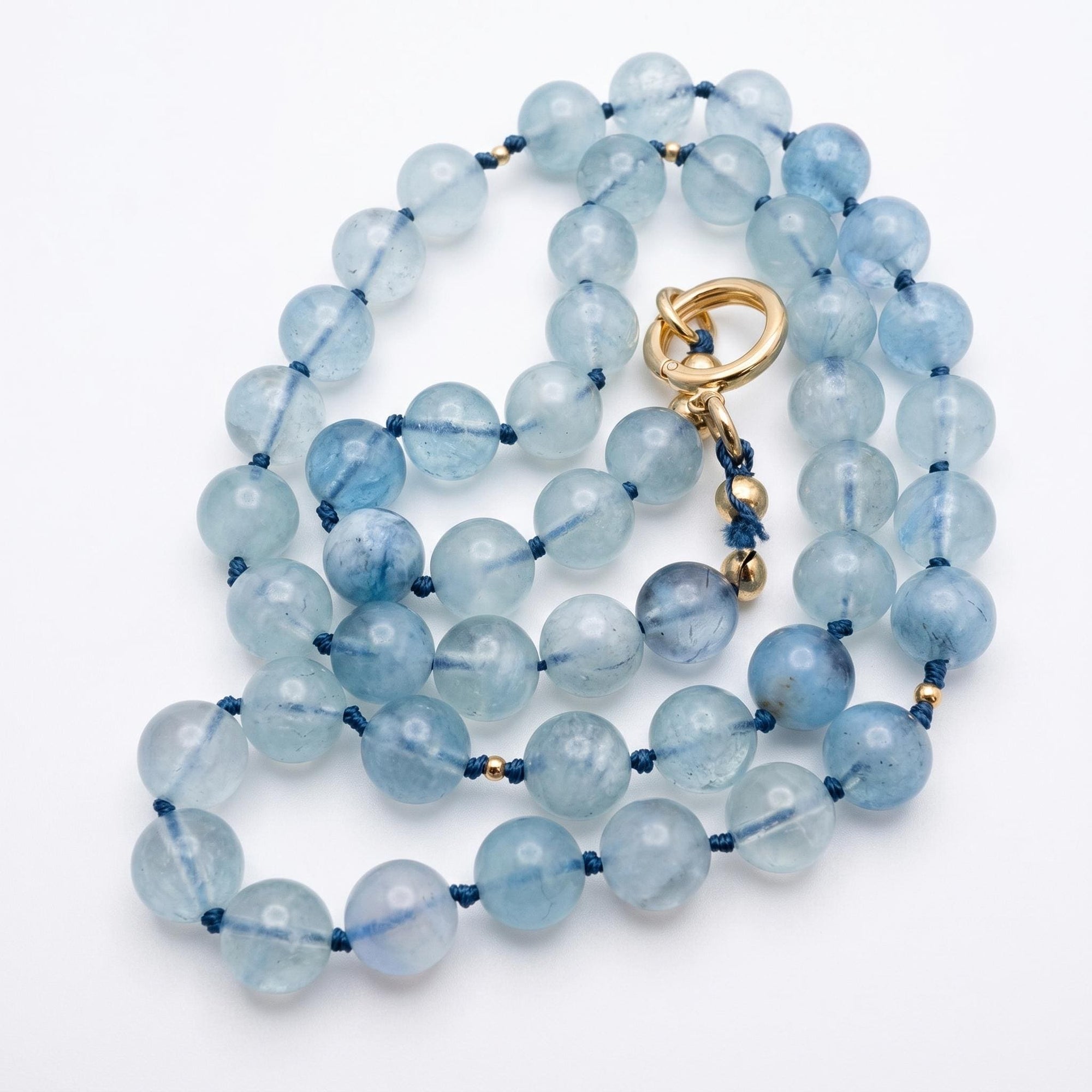 Aquamarine Charm Holder Necklace, 16 Inch Silk Thread Hand Knotted Gemstone Choker, Gold Filled Beaded Necklace with Removable Charms