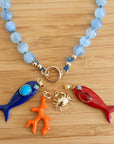 Aquamarine Charm Holder Necklace, 16 Inch Silk Thread Hand Knotted Gemstone Choker, Gold Filled Beaded Necklace with Removable Charms