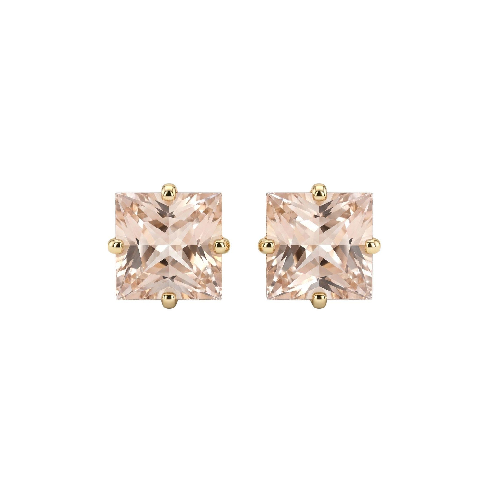 Princess Cut Morganite Stud Earrings 6mm in 14K Solid Gold | Square Pink Gemstone Earrings | Minimalist 4 Prong Studs - Melt'm Jewelry