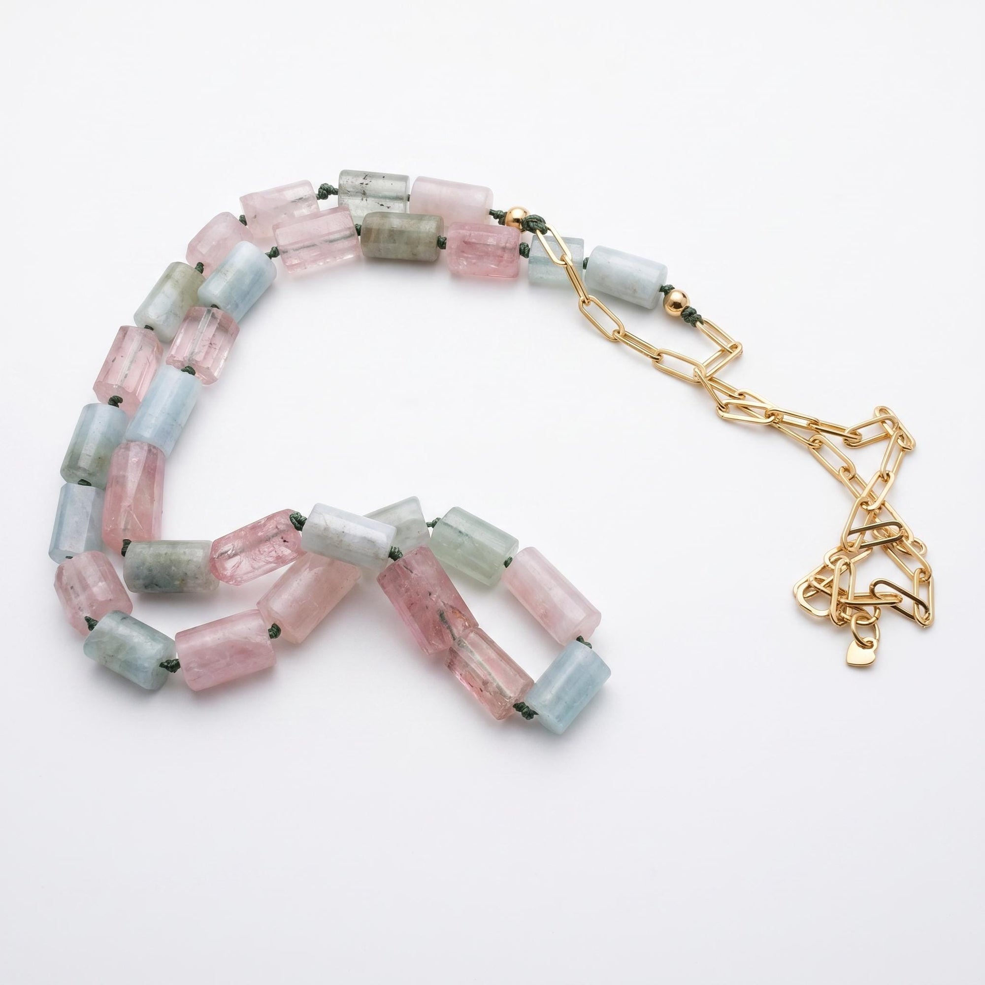 Natural Morganite Tube Necklace, 10x6mm Hand Knotted on Silk, Gold Filled Paperclip Chain - Melt'm Jewelry