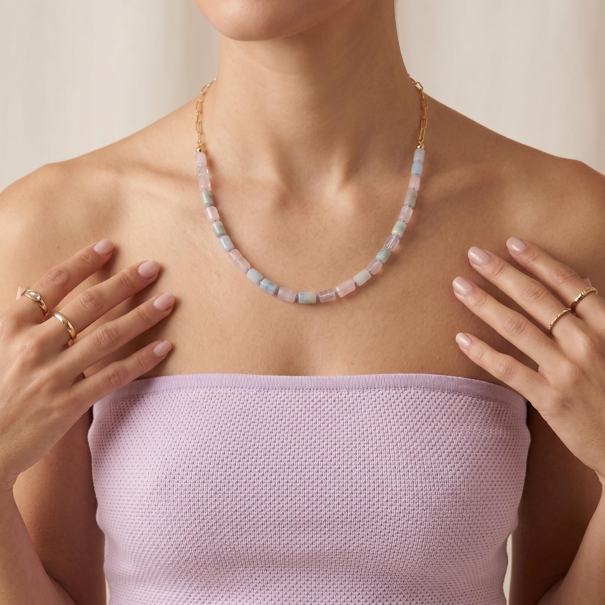Natural Morganite Tube Necklace, 10x6mm Hand Knotted on Silk, Gold Filled Paperclip Chain, Adjustable Pastel Gemstone Necklace