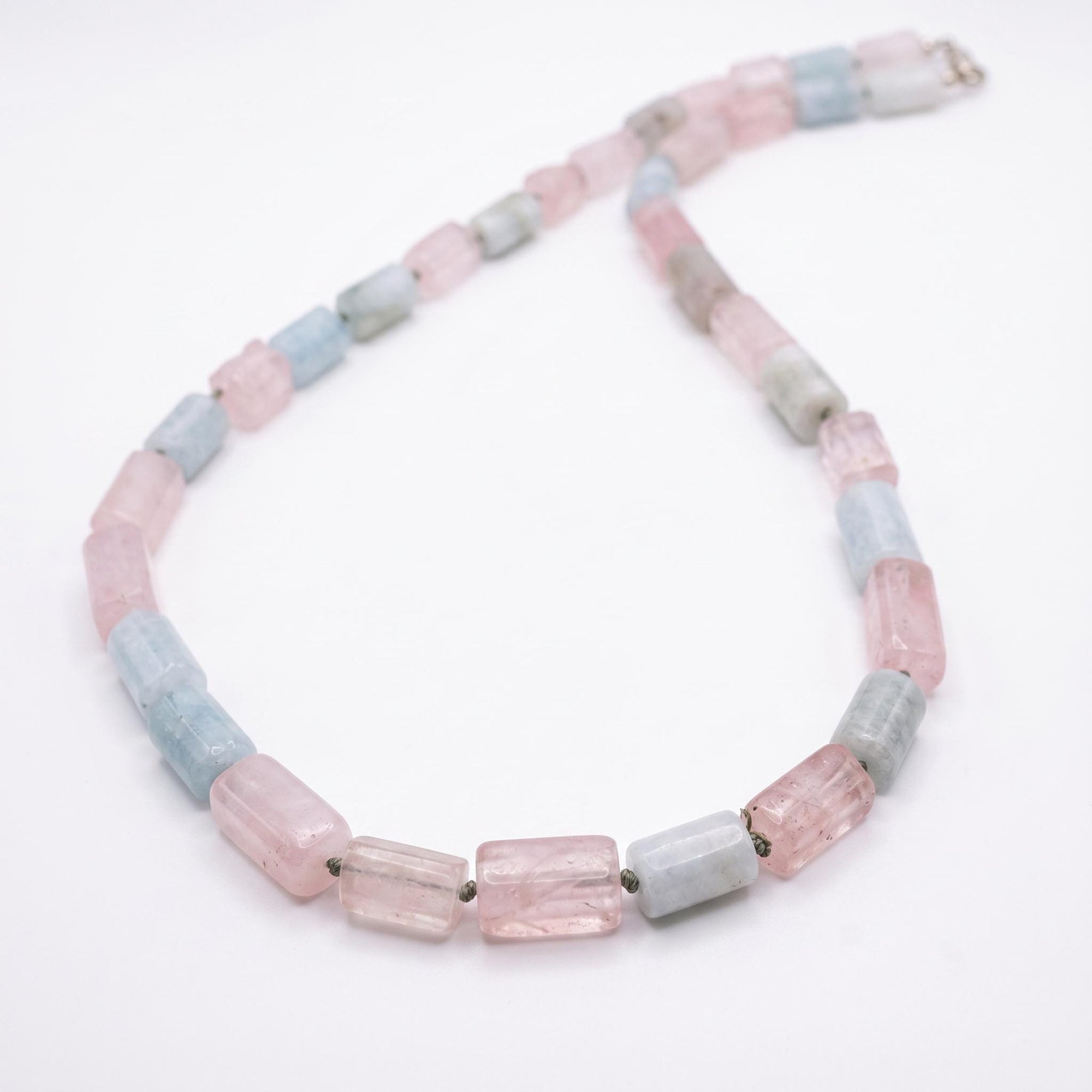 Natural Morganite Tube Necklace, 10x6mm Hand Knotted on Silk, Gold Filled Paperclip Chain, Adjustable Pastel Gemstone Necklace