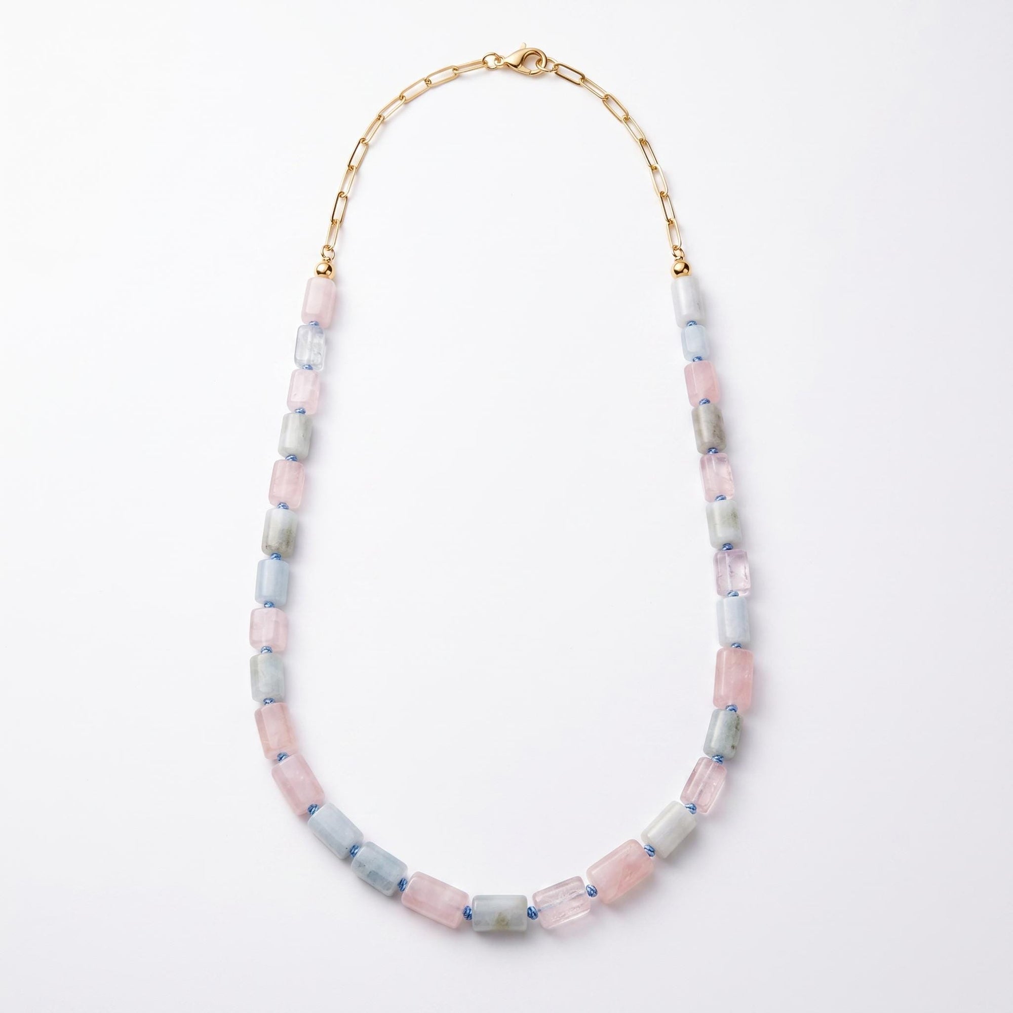 Natural Morganite Tube Necklace, 10x6mm Hand Knotted on Silk, Gold Filled Paperclip Chain, Adjustable Pastel Gemstone Necklace