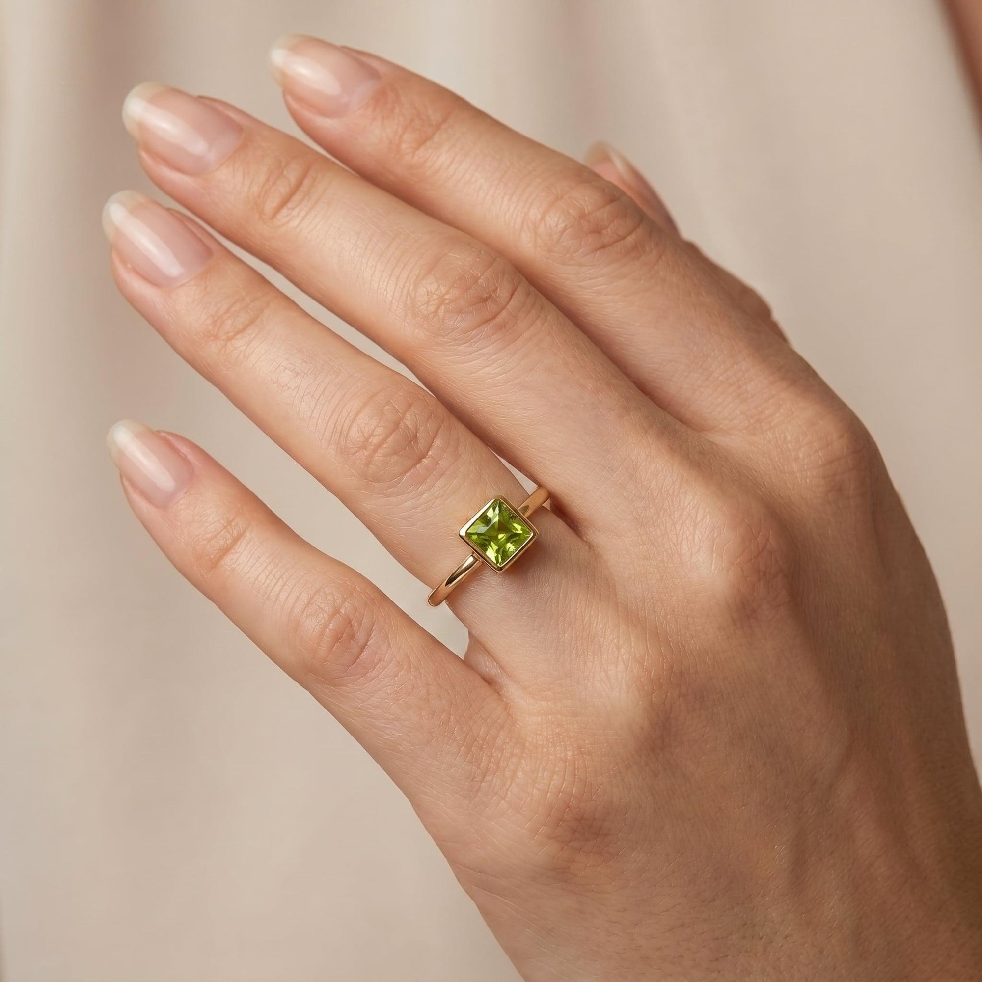 Princess Cut (Square) Peridot Ring 14k White Gold Bezel Setting - Melt'm Jewelry