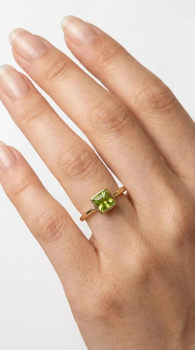 Princess Cut (Square) Peridot Ring 14k White Gold Bezel Setting - Melt'm Jewelry