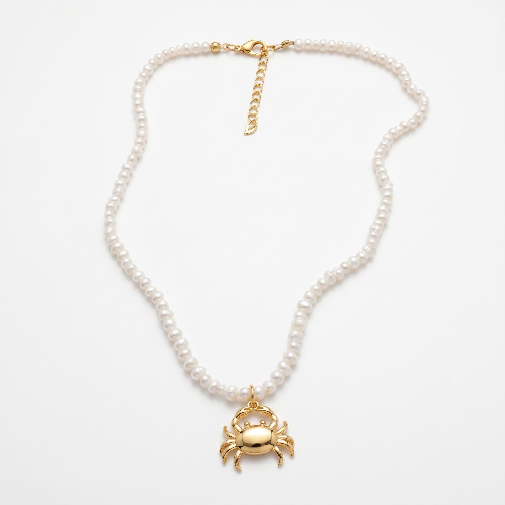 Freshwater Pearl Necklace on Turquoise Silk, Gold Filled Crab Charm, Summer Layering Necklace, 18 Inch with Heart Extender