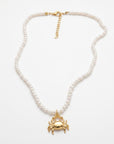 Freshwater Pearl Necklace on Turquoise Silk, Gold Filled Crab Charm, Summer Layering Necklace, 18 Inch with Heart Extender