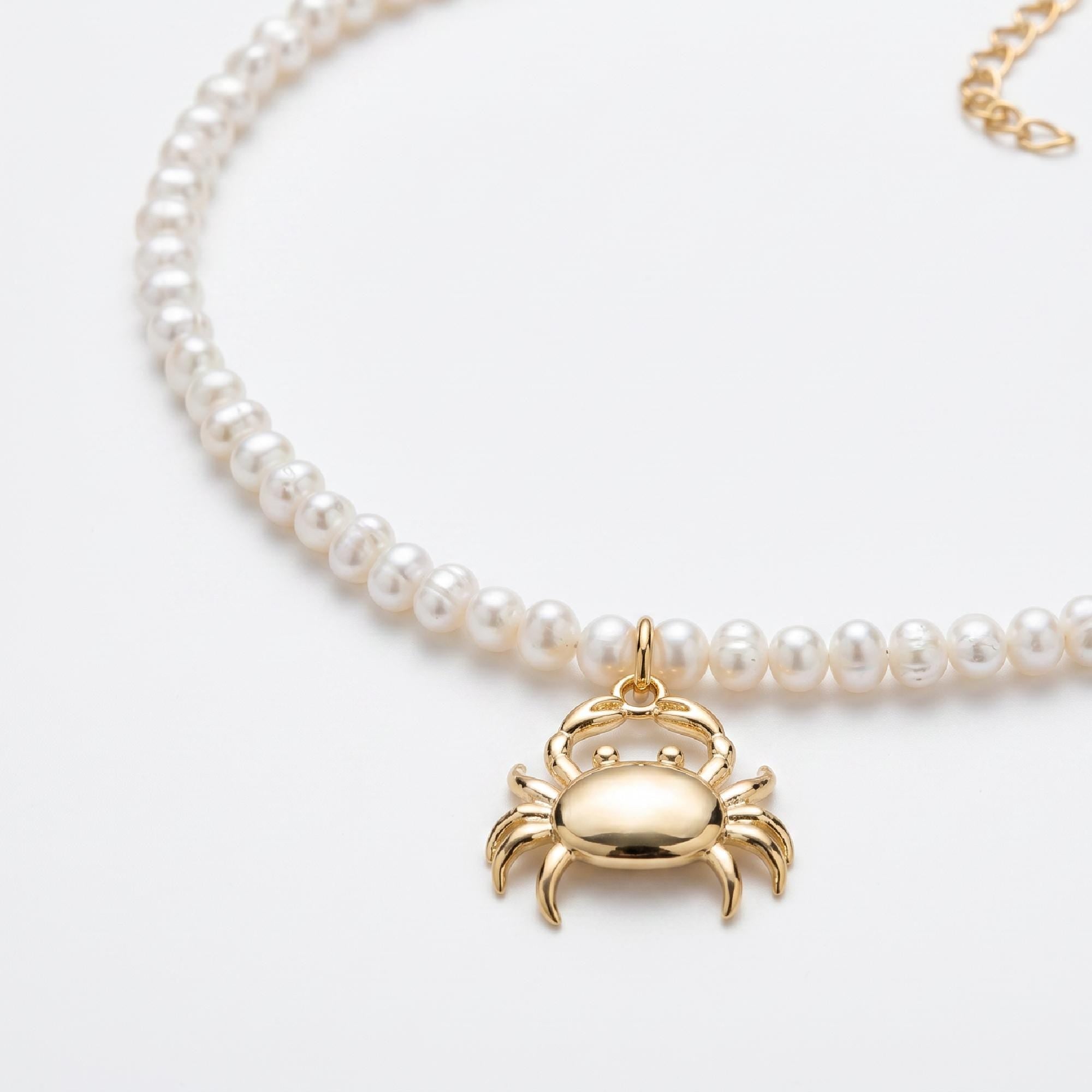 Freshwater Pearl Necklace on Turquoise Silk, Gold Filled Crab Charm, Summer Layering Necklace, 18 Inch with Heart Extender