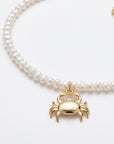 Freshwater Pearl Necklace on Turquoise Silk, Gold Filled Crab Charm, Summer Layering Necklace, 18 Inch with Heart Extender