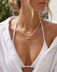 Freshwater Pearl Necklace on Turquoise Silk, Gold Filled Crab Charm, Summer Layering Necklace, 18 Inch with Heart Extender