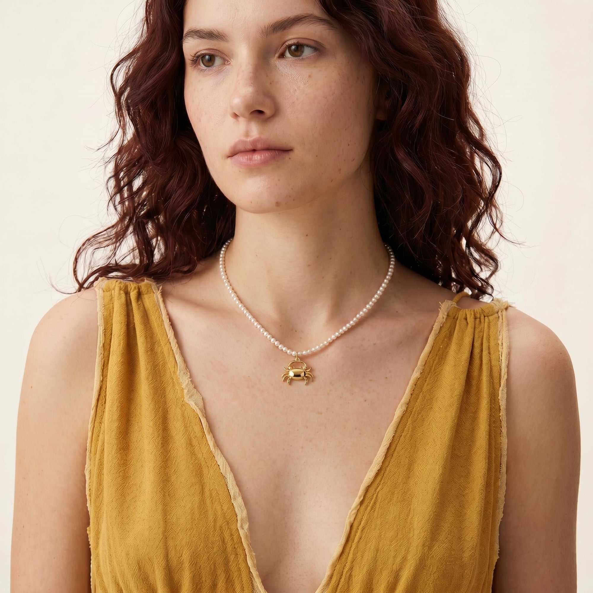 Freshwater Pearl Necklace on Turquoise Silk, Gold Filled Crab Charm, Summer Layering Necklace, 18 Inch with Heart Extender