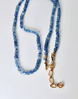 Cube Aquamarine Necklace, 3mm Micro Faceted Beads on Navy Silk, Hand Knotted 18 Inch Strand with Gold Filled Extender, Optional Opal Charm - Melt'm Jewelry