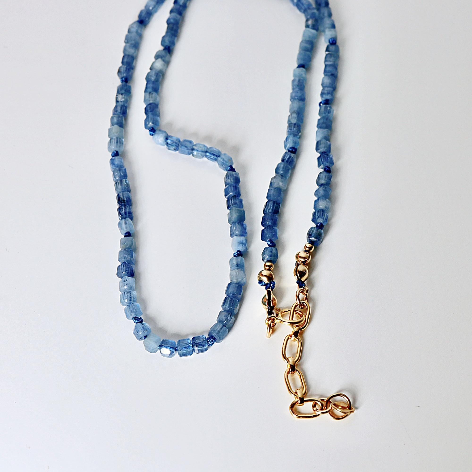 Cube Aquamarine Necklace, 3mm Micro Faceted Beads on Navy Silk, Hand Knotted 18 Inch Strand with Gold Filled Extender, Optional Opal Charm