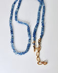 Cube Aquamarine Necklace, 3mm Micro Faceted Beads on Navy Silk, Hand Knotted 18 Inch Strand with Gold Filled Extender, Optional Opal Charm