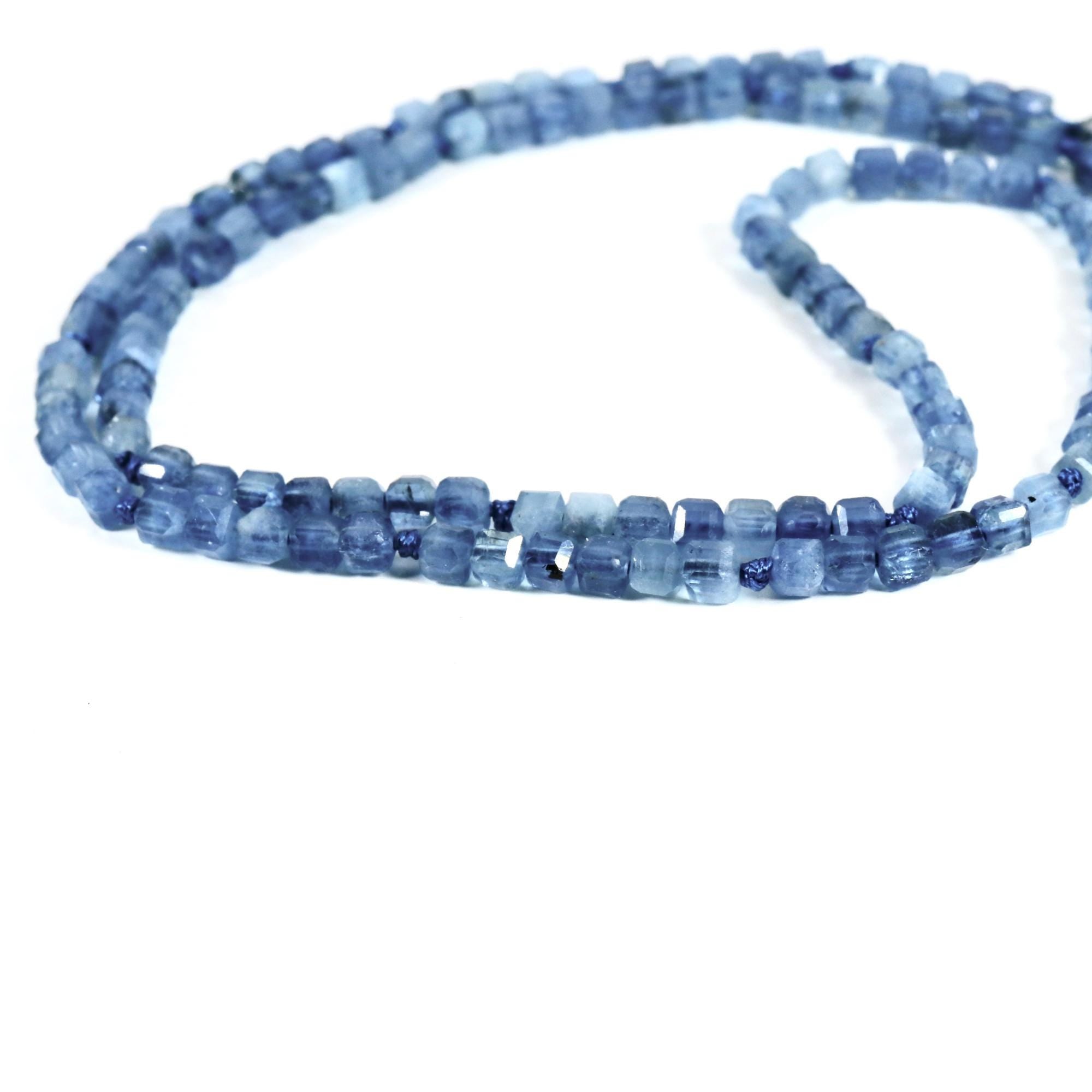 Cube Aquamarine Necklace, 3mm Micro Faceted Beads on Navy Silk, Hand Knotted 18 Inch Strand with Gold Filled Extender, Optional Opal Charm