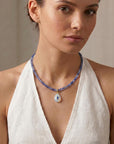 Cube Aquamarine Necklace, 3mm Micro Faceted Beads on Navy Silk, Hand Knotted 18 Inch Strand with Gold Filled Extender, Optional Opal Charm - Melt'm Jewelry