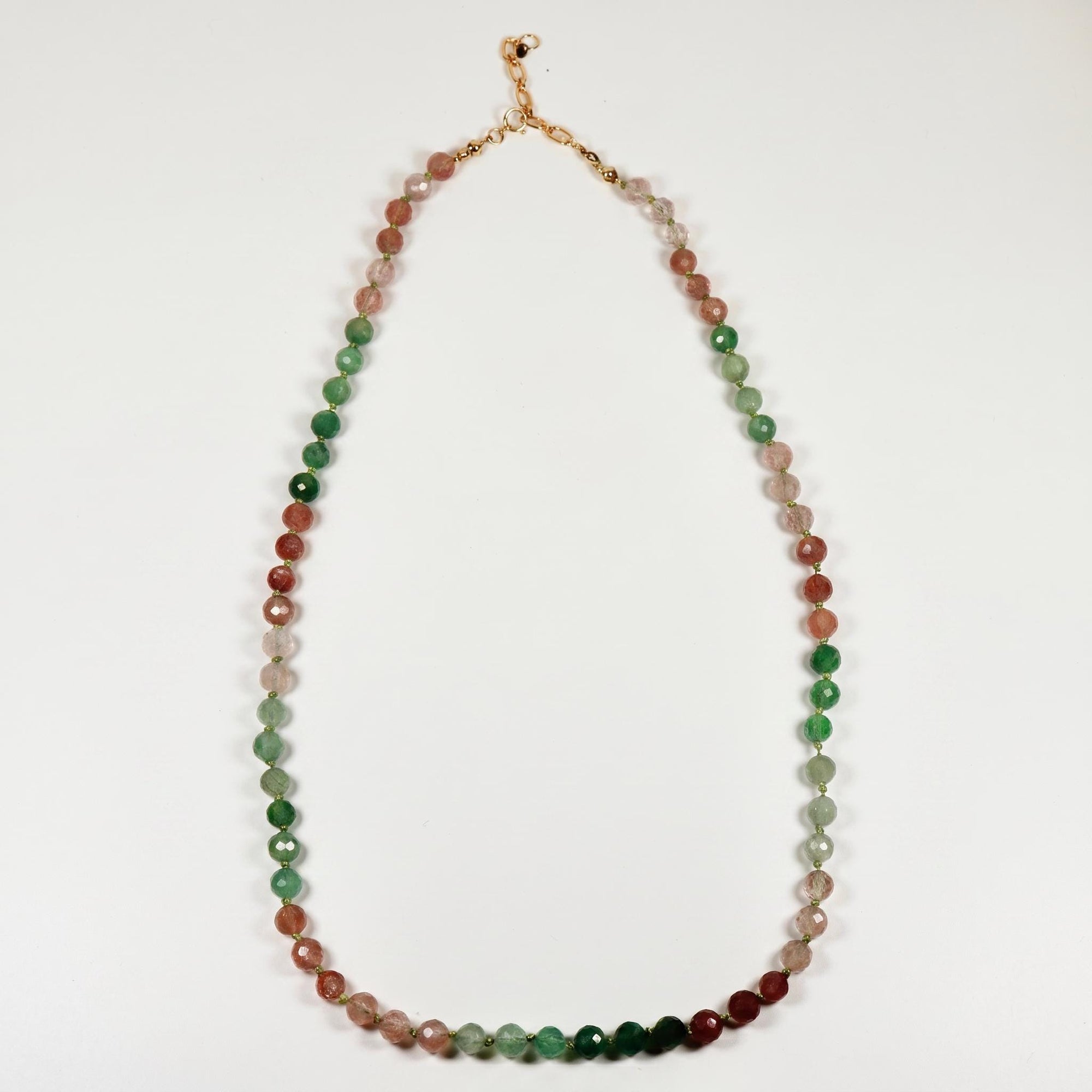 Strawberry Quartz Necklace, Pink Green Ombre Gemstone Beaded Choker, Hand Knotted Silk Gold Filled Necklace, Crystal Gift for Her - Melt'm Jewelry