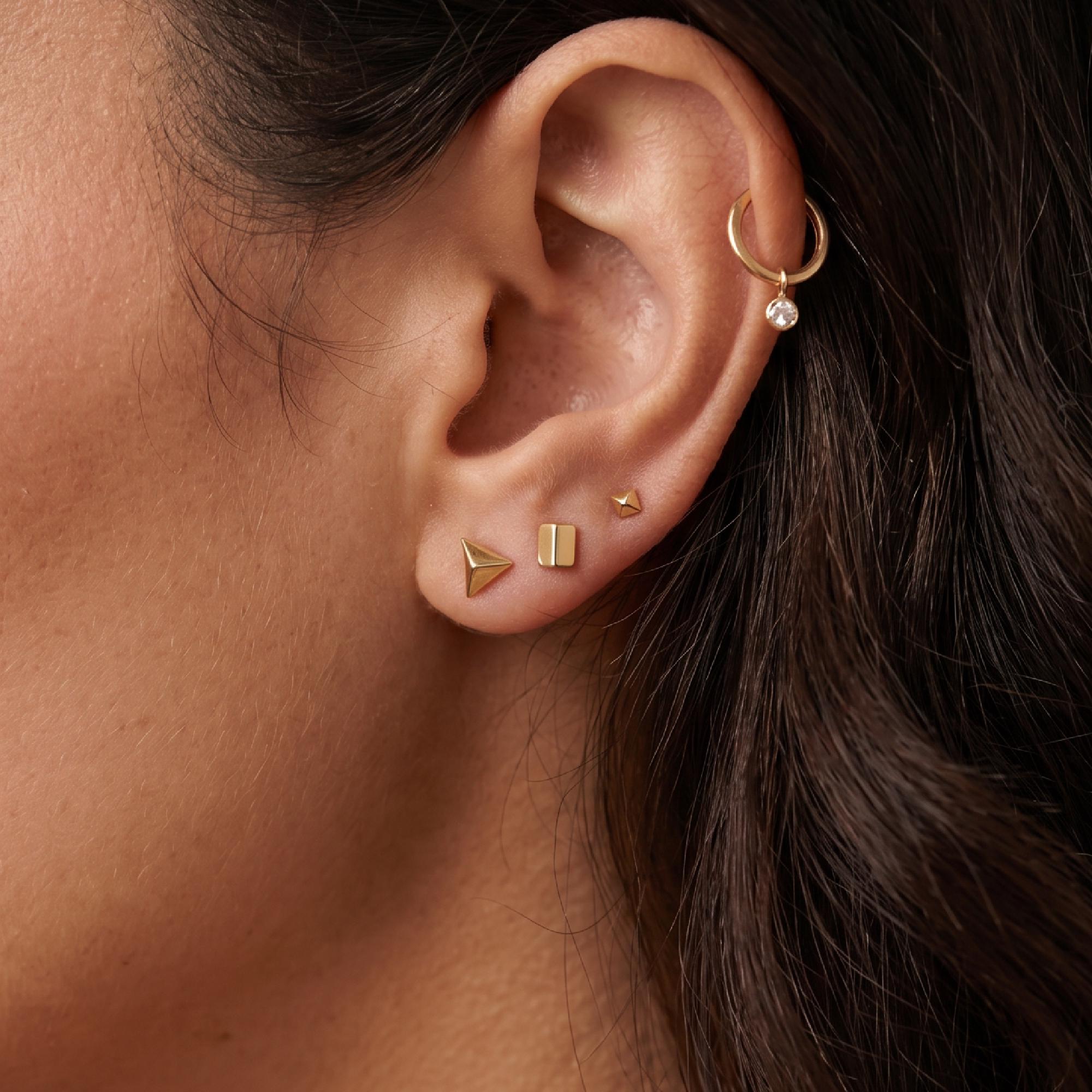 Teeny Tiny Pyramid Flat Back Earrings 14k Solid Gold, Internally Threaded Ear piercings - Melt'm Jewelry