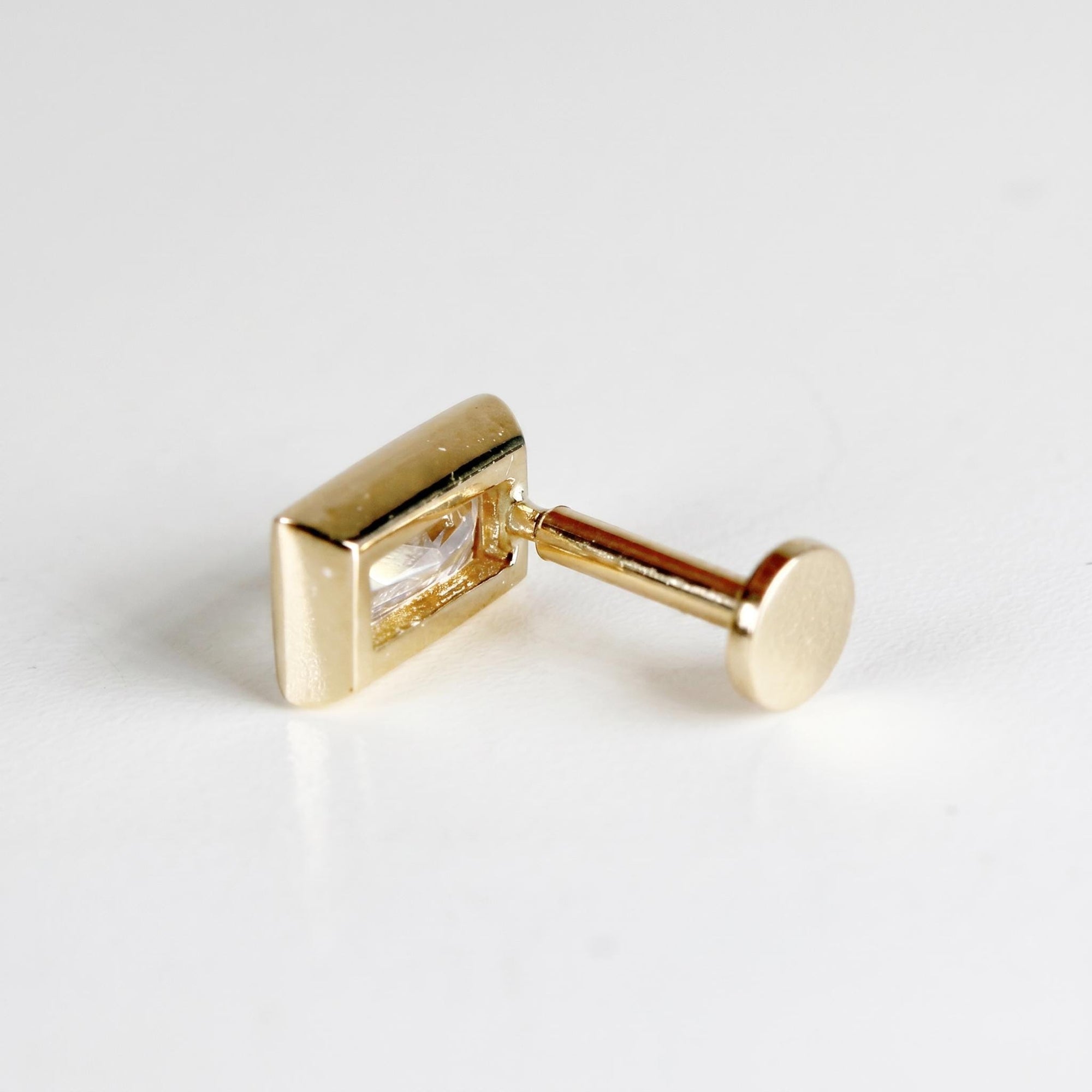 CZ Diamond Bezel Baguette Earrings 14k Solid Gold, Flat Back Internally Threaded Earrings (SINGLE) - Melt'm Jewelry