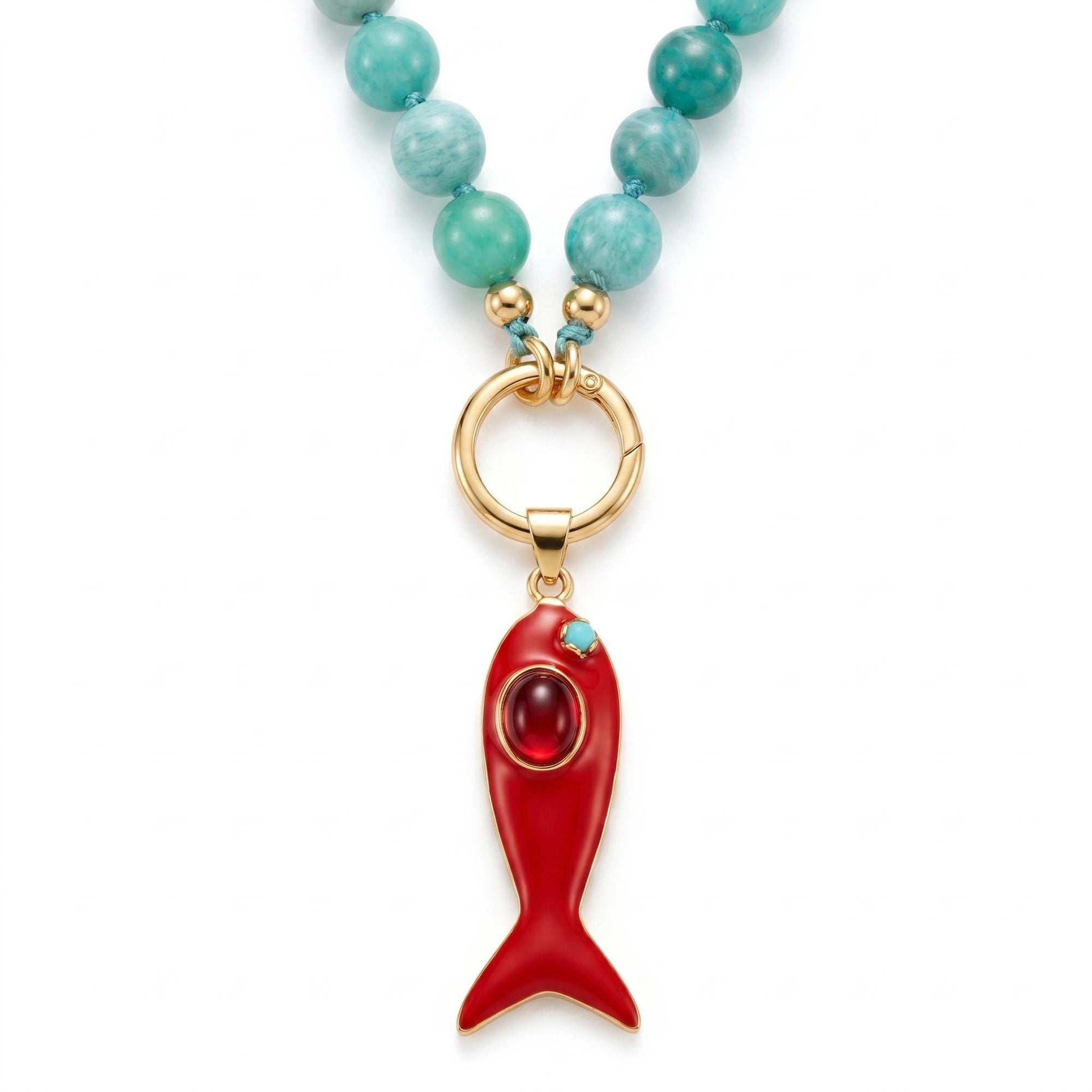 Amazonite Charm Holder Necklace, 16 Inch Hand Knotted Silk Choker, Gold Filled Turquoise Blue Gemstone Bead Necklace with Removable Charms