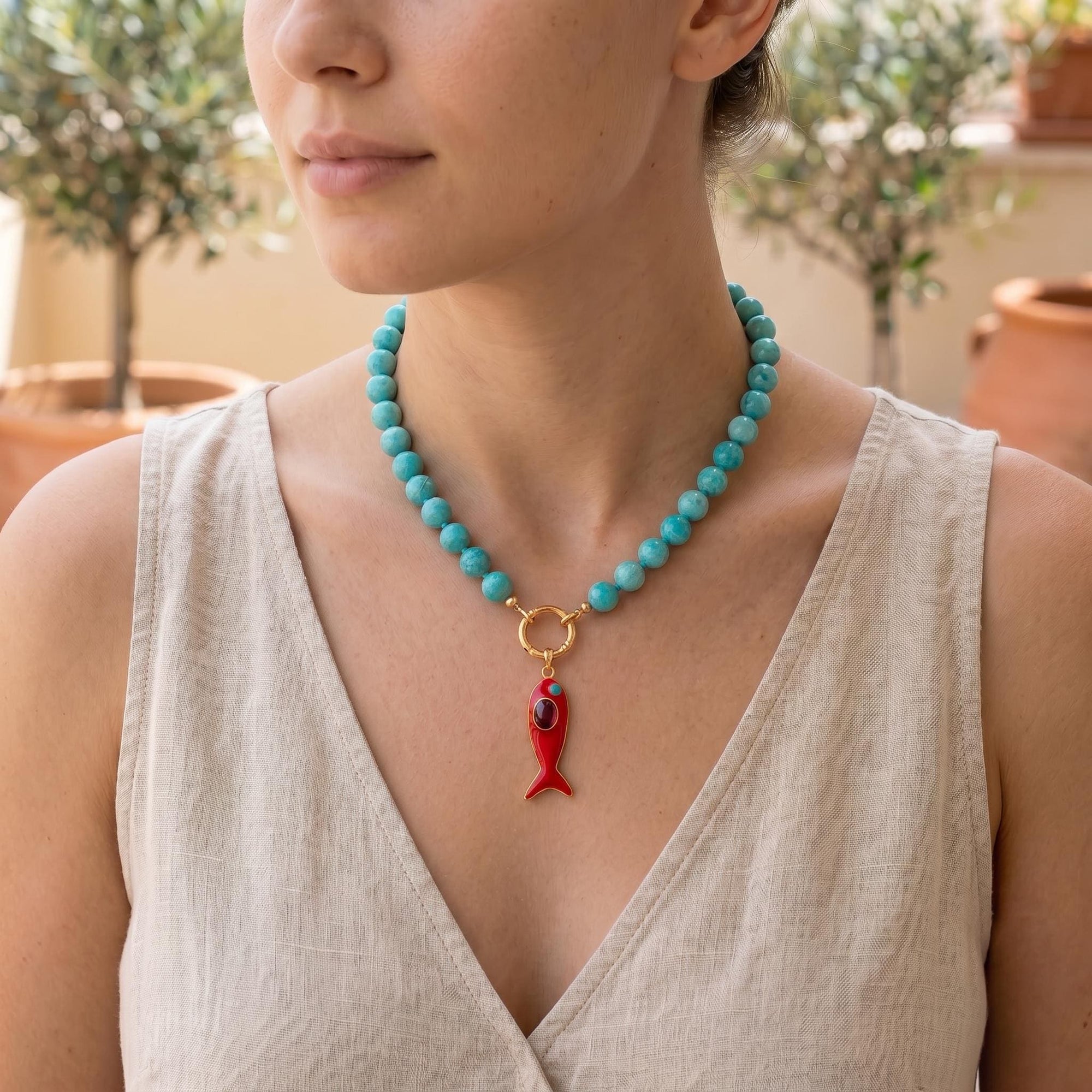 Amazonite Charm Holder Necklace, 16 Inch Hand Knotted Silk Choker, Gold Filled Turquoise Blue Gemstone Bead Necklace with Removable Charms