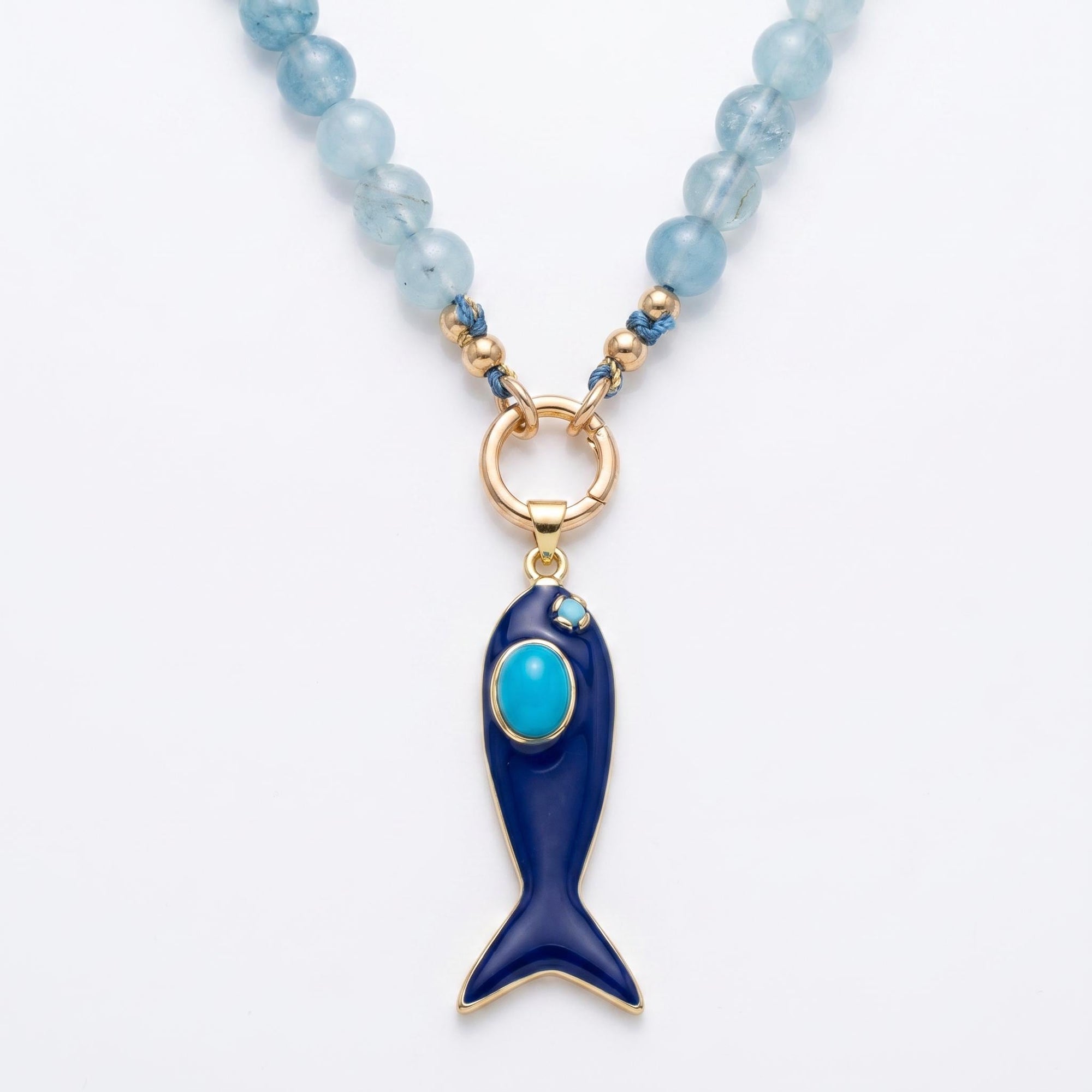 Aquamarine Charm Holder Necklace, 16 Inch Silk Thread Hand Knotted Gemstone Choker, Gold Filled Beaded Necklace with Removable Charms