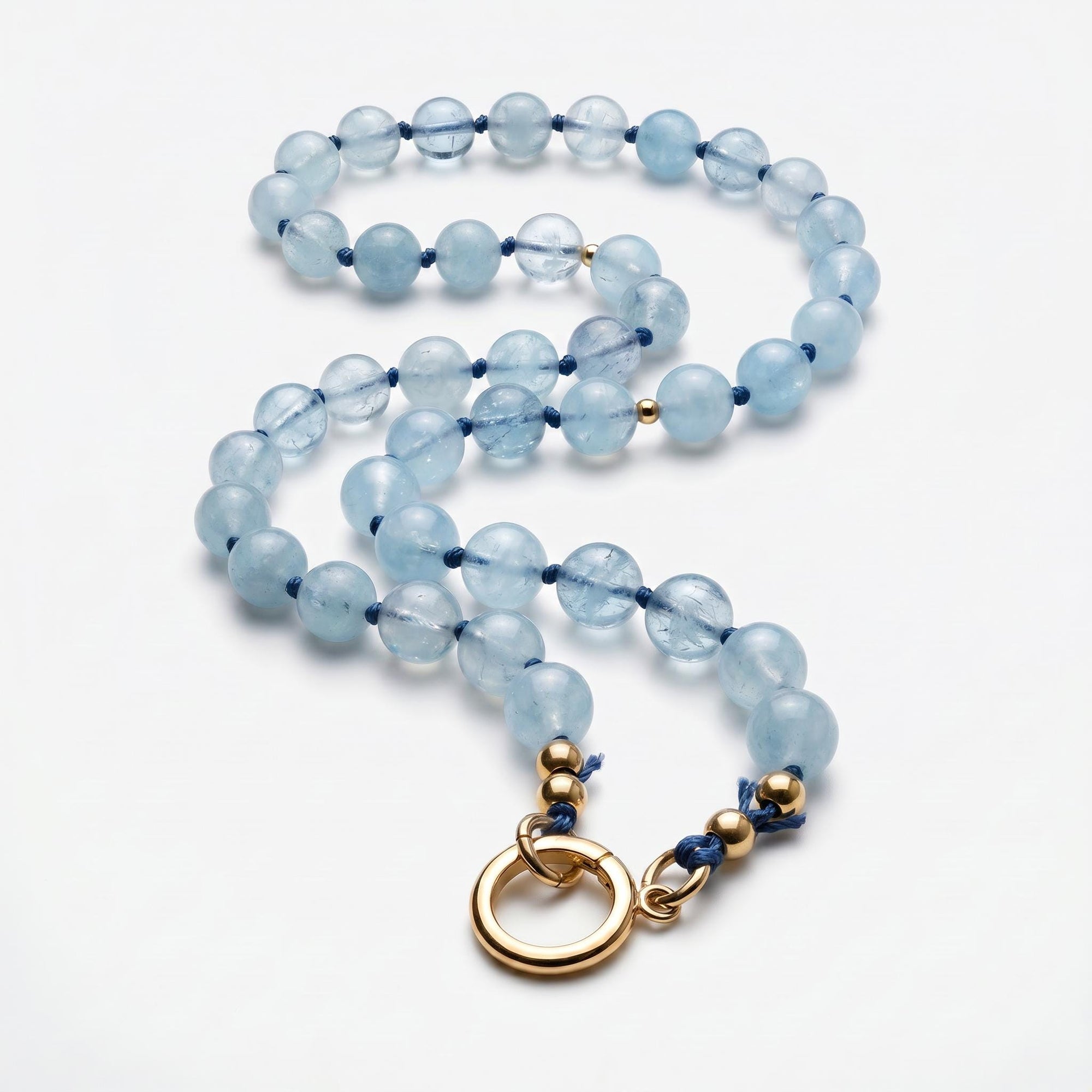 Aquamarine Charm Holder Necklace, 16 Inch Silk Thread Hand Knotted Gemstone Choker, Gold Filled Beaded Necklace with Removable Charms