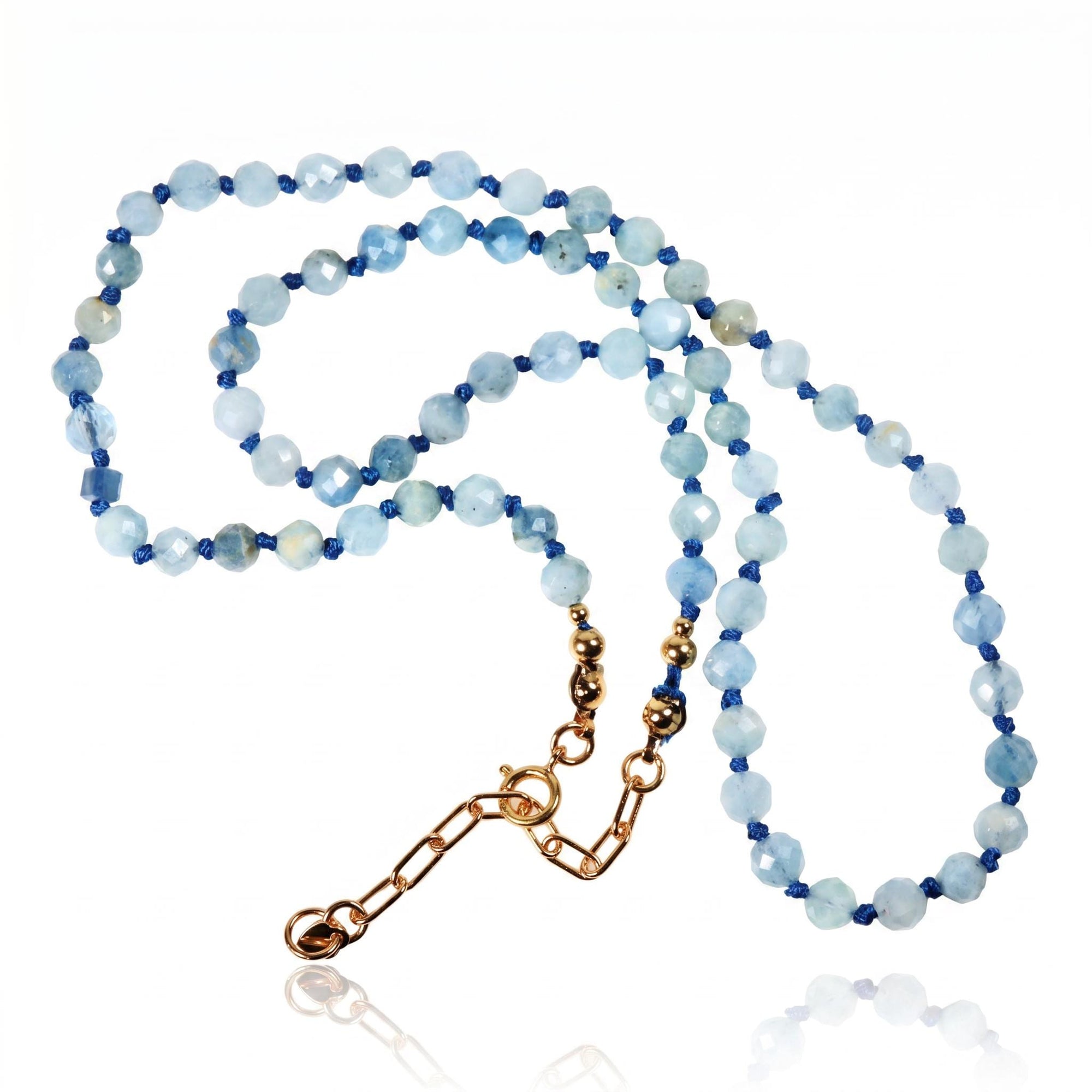 Aquamarine Silk Hand Knotted Necklace, Faceted 4mm Moss Aquamarine Choker with Gold Filled Extender, 16-18 inch - Melt'm Jewelry