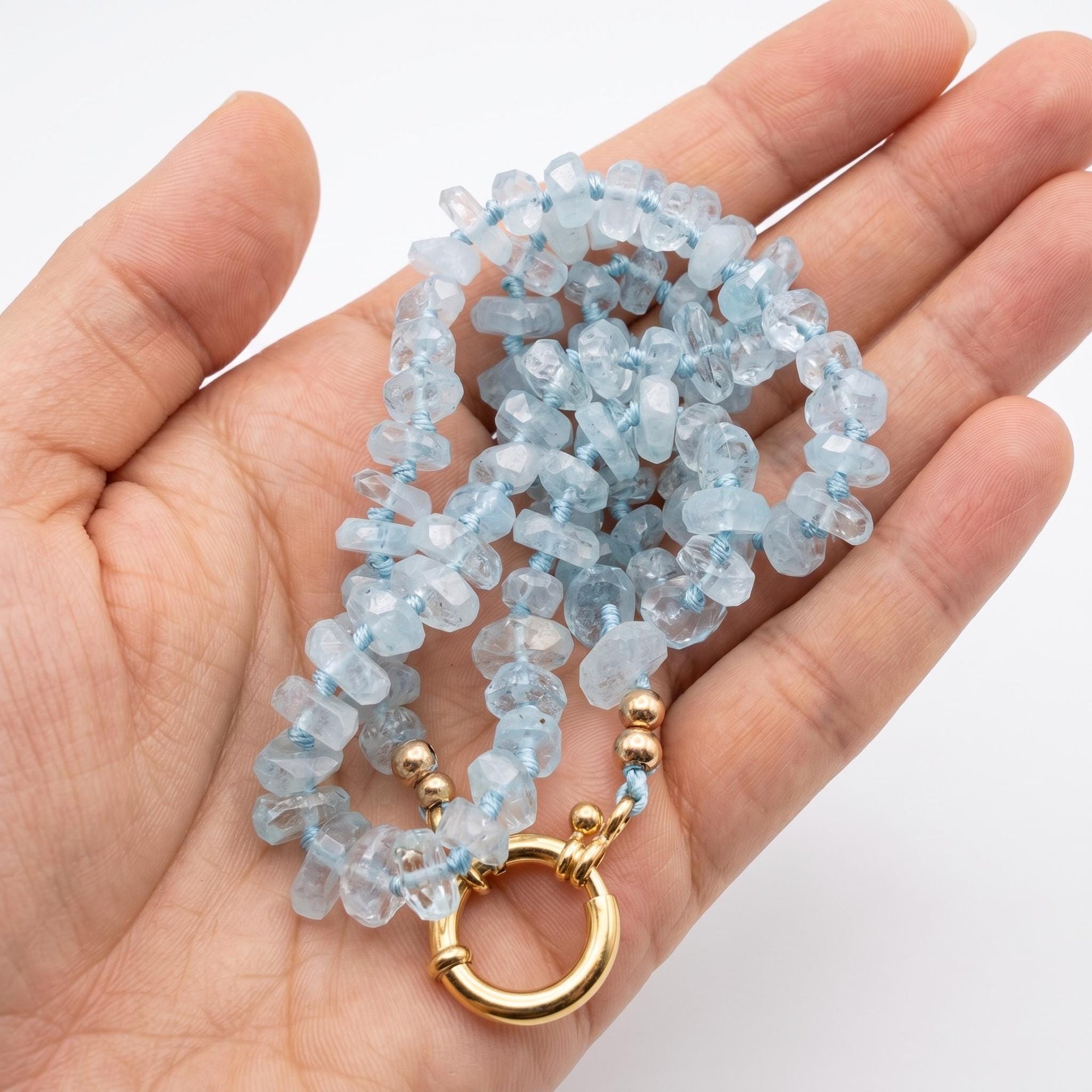 Aquamarine Hand Knotted Silk Necklace, Faceted Rondelle Beads, Charm Holder Necklace with Gold Filled Clasp, 18 Inch - Melt'm Jewelry