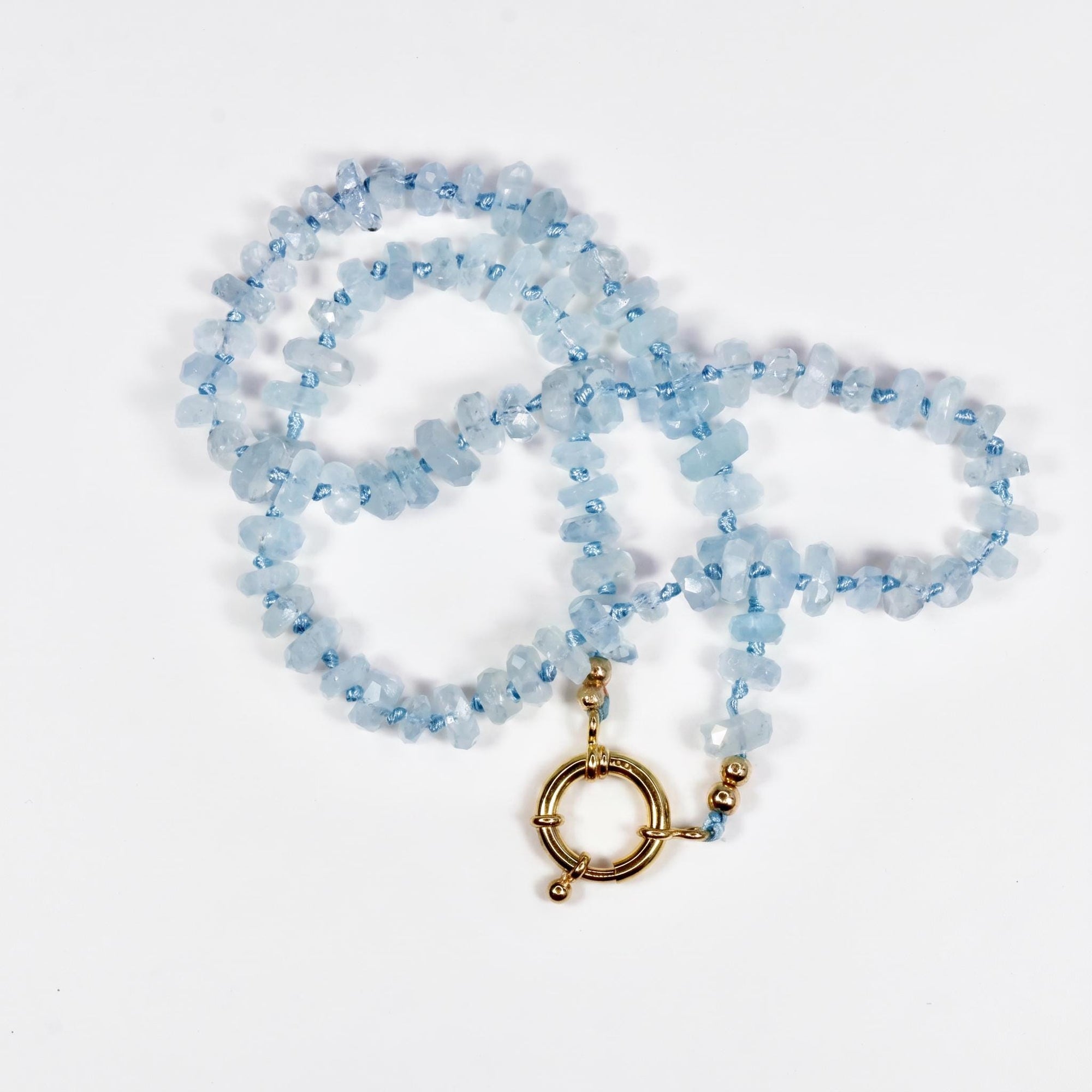 Aquamarine Hand Knotted Silk Necklace, Faceted Rondelle Beads, Charm Holder Necklace with Gold Filled Clasp, 18 Inch - Melt'm Jewelry