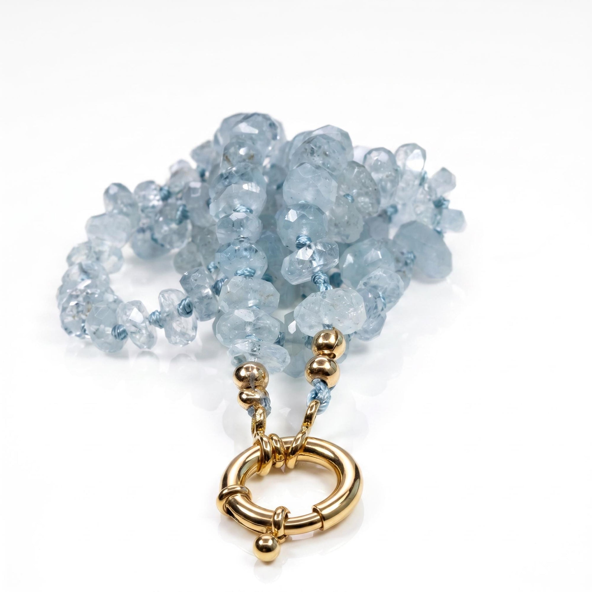 Aquamarine Hand Knotted Silk Necklace, Faceted Rondelle Beads, Charm Holder Necklace with Gold Filled Clasp, 18 Inch - Melt'm Jewelry