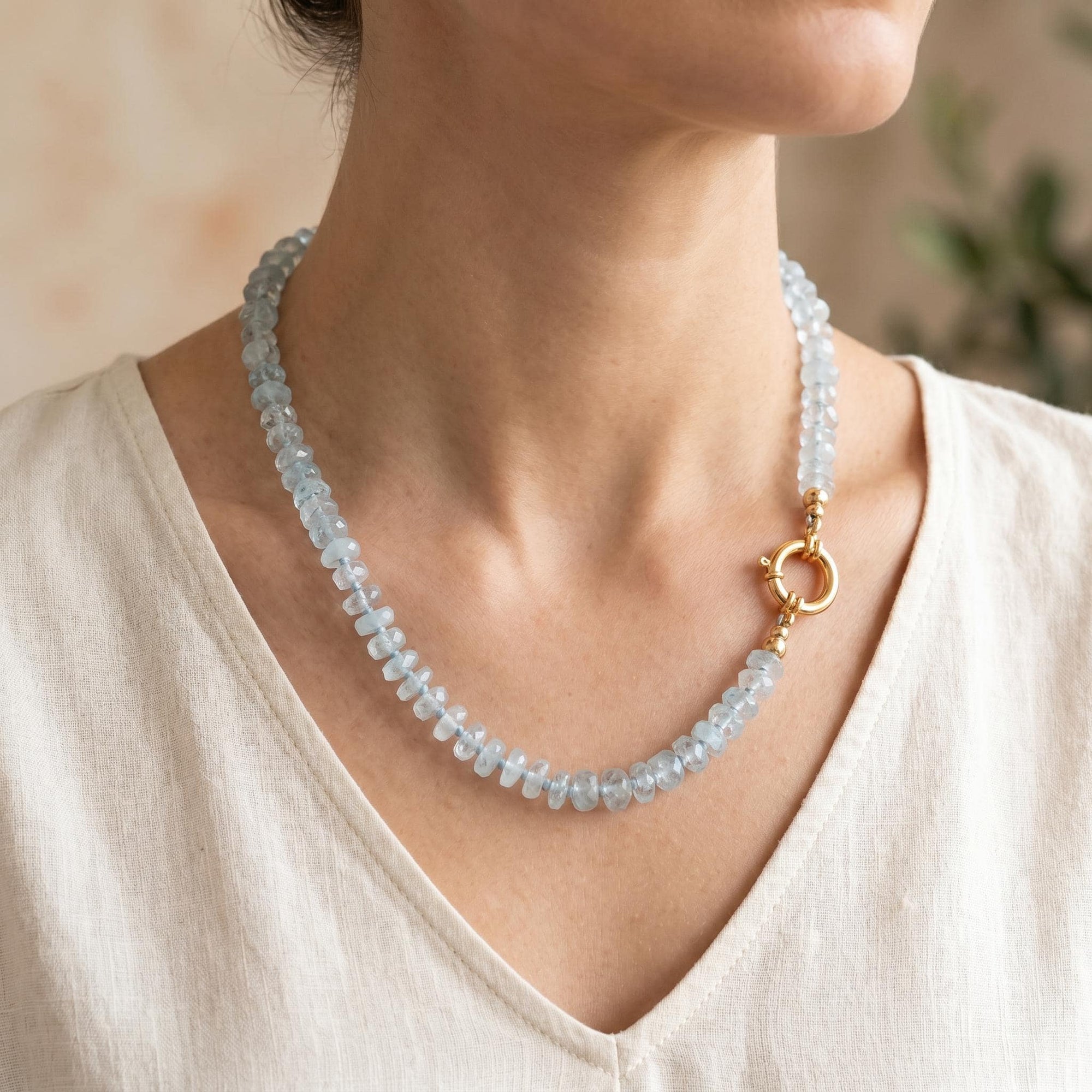 Aquamarine Hand Knotted Silk Necklace, Faceted Rondelle Beads, Charm Holder Necklace with Gold Filled Clasp, 18 Inch - Melt'm Jewelry
