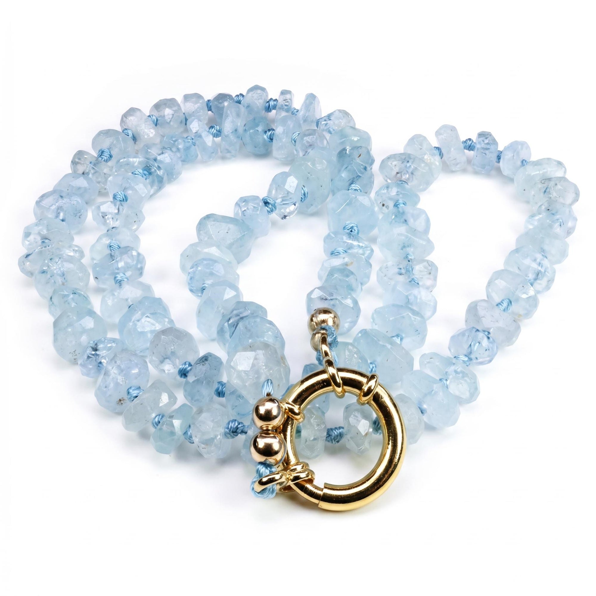 Aquamarine Hand Knotted Silk Necklace, Faceted Rondelle Beads, Charm Holder Necklace with Gold Filled Clasp, 18 Inch - Melt'm Jewelry