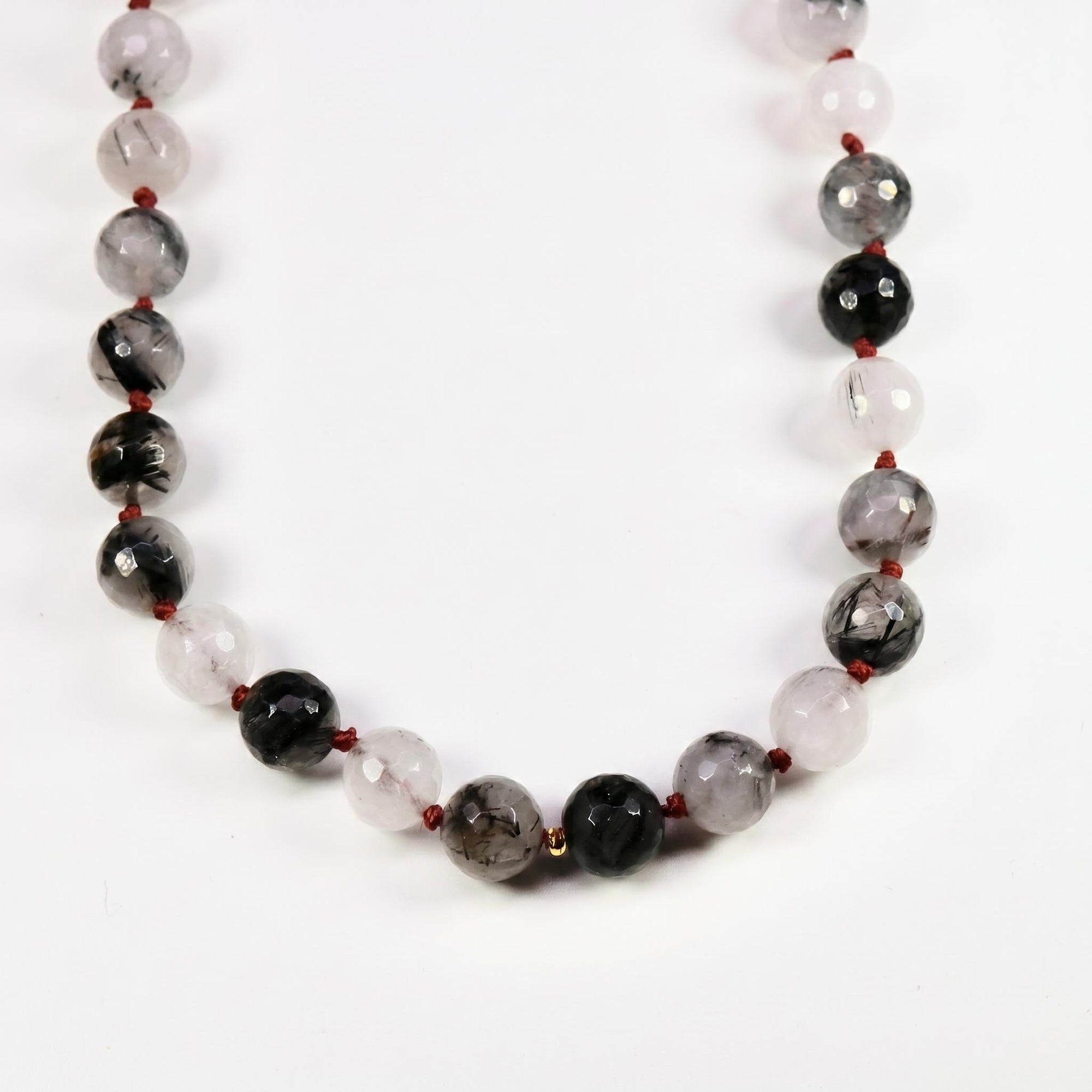 Black Rutilated Quartz Necklace, Hand Knotted Red Silk Strand, Gold Filled Clasp and Extender, 18 Inch