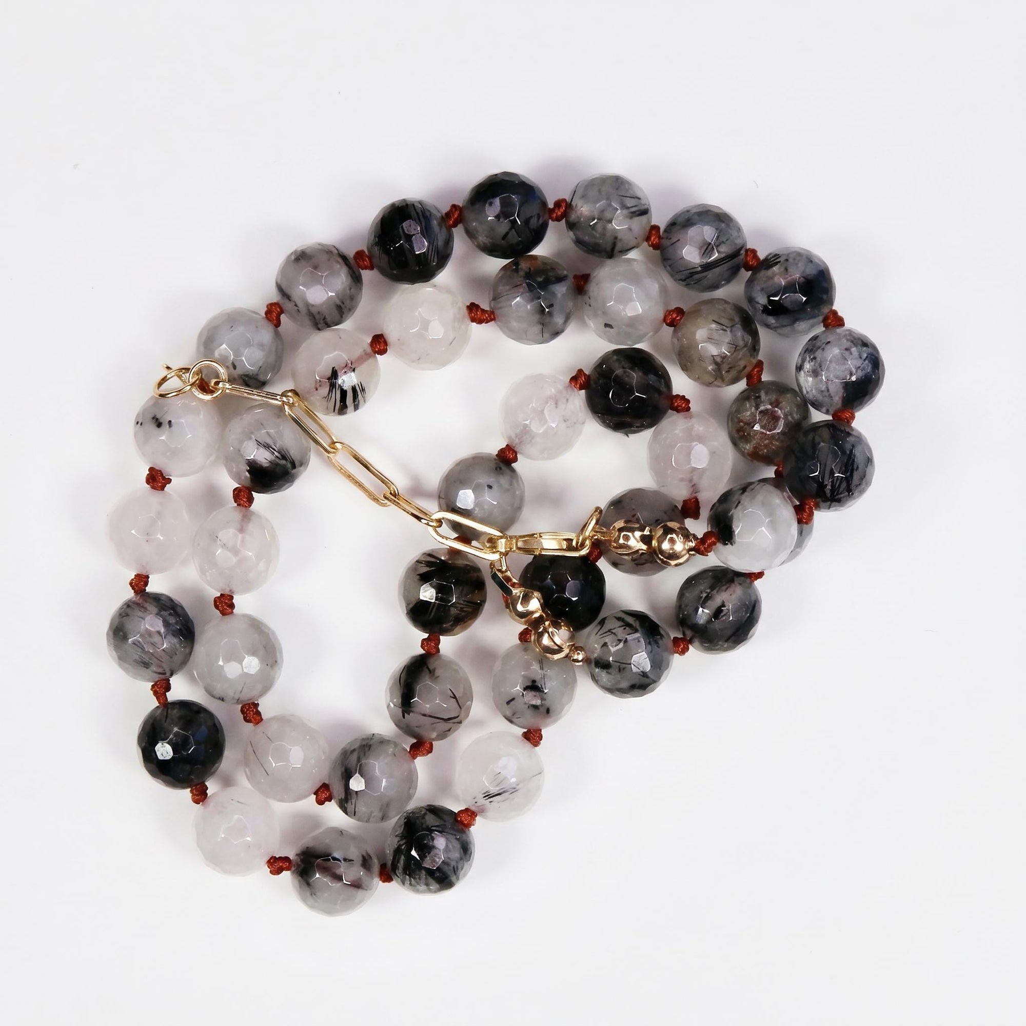 Black Rutilated Quartz Necklace, Hand Knotted Red Silk Strand, Gold Filled Clasp and Extender, 17 Inch
