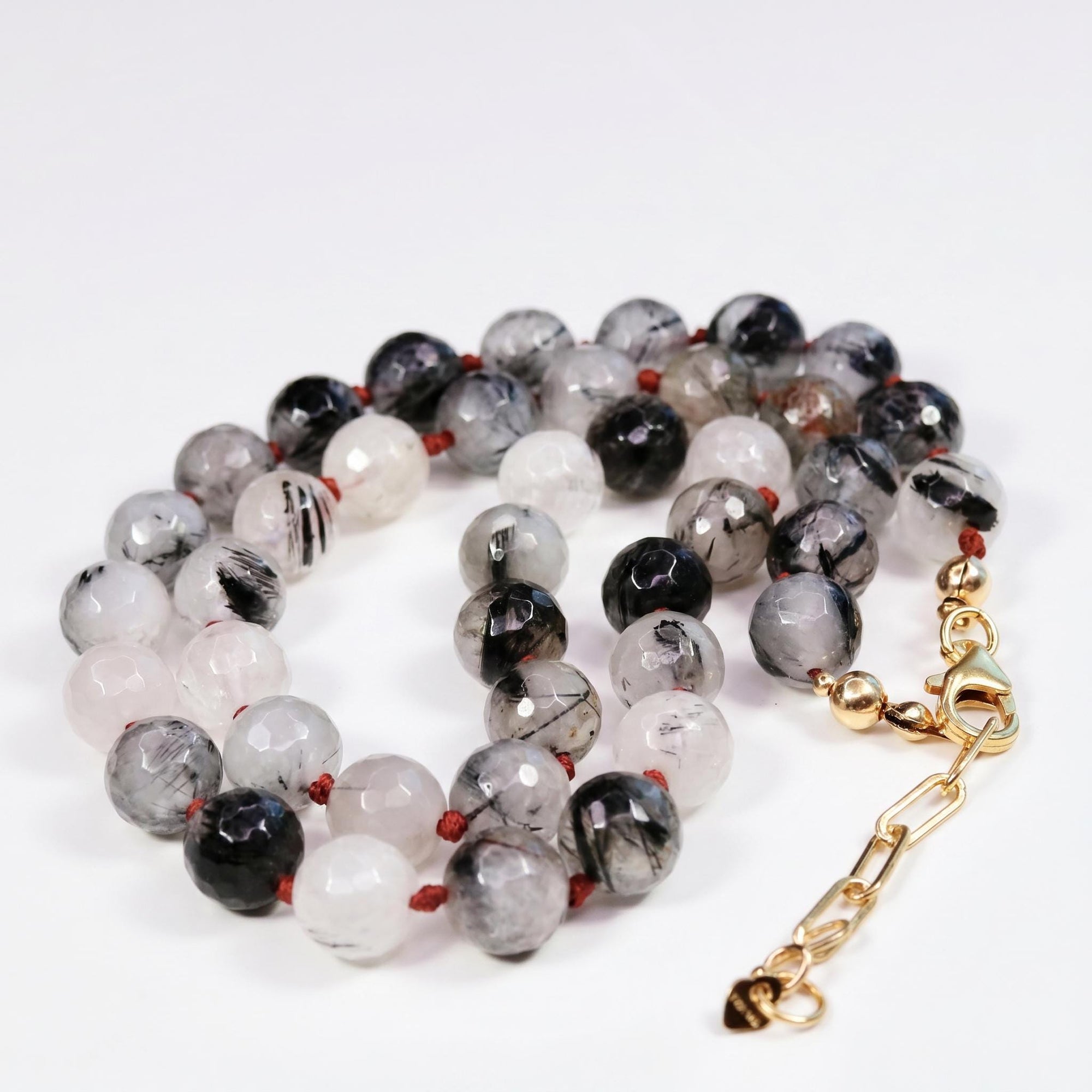 Black Rutilated Quartz Necklace, Hand Knotted Red Silk Strand, Gold Filled Clasp and Extender, 17 Inch