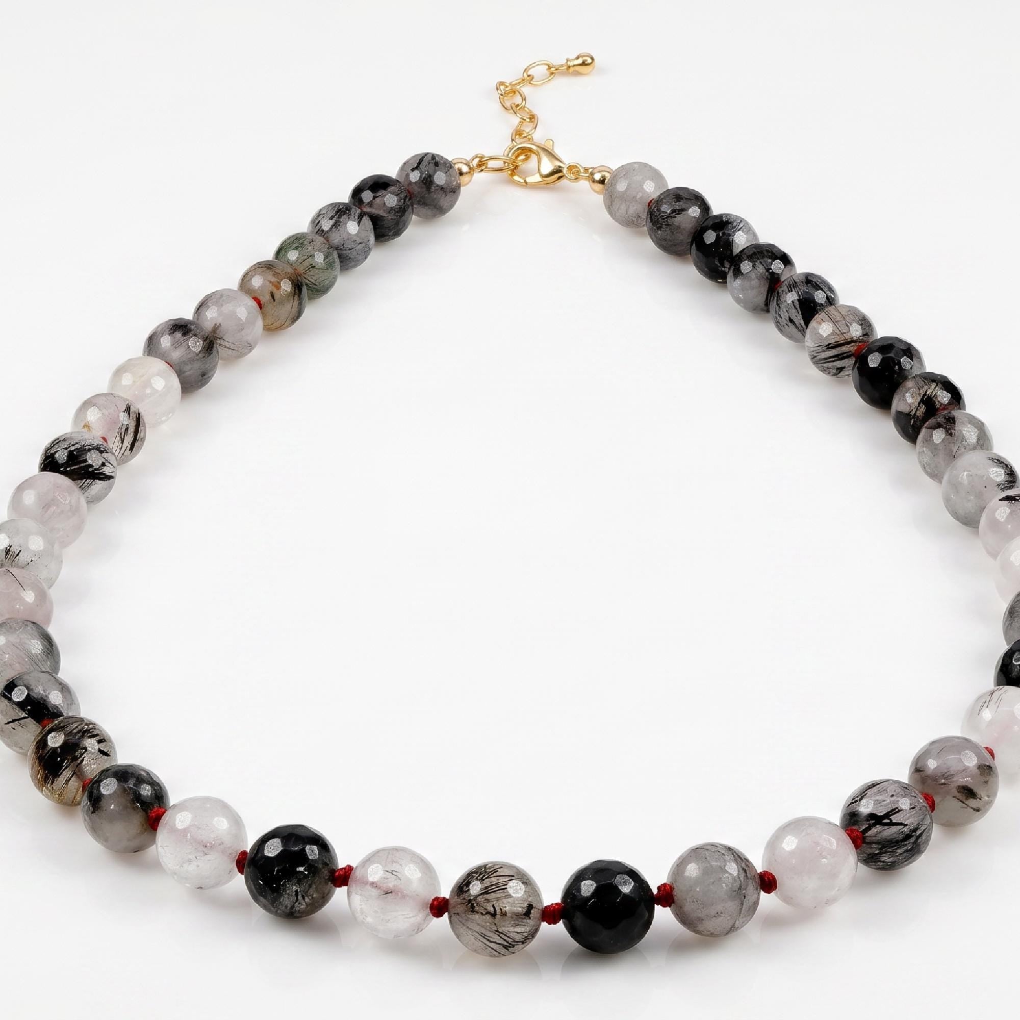 Black Rutilated Quartz Necklace, Hand Knotted Red Silk Strand, Gold Filled Clasp and Extender, 17 Inch
