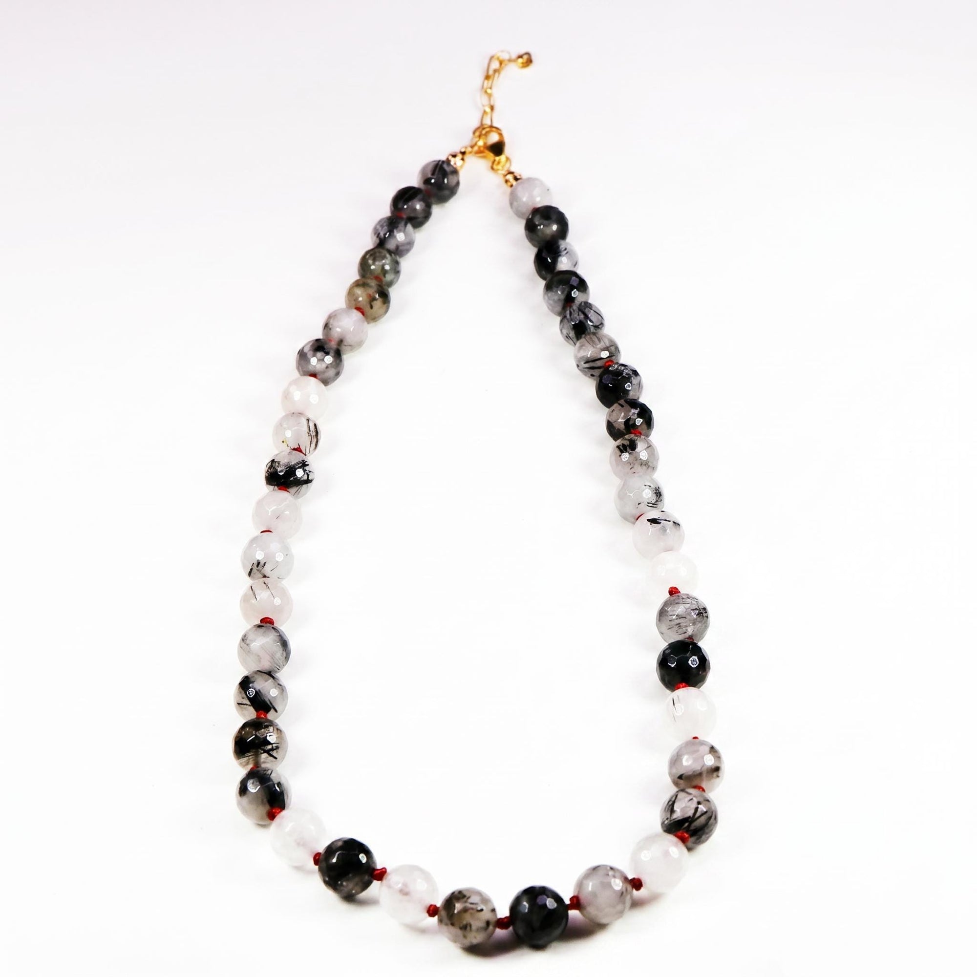 Black Rutilated Quartz Necklace, Hand Knotted Red Silk Strand, Gold Filled Clasp and Extender, 17 Inch